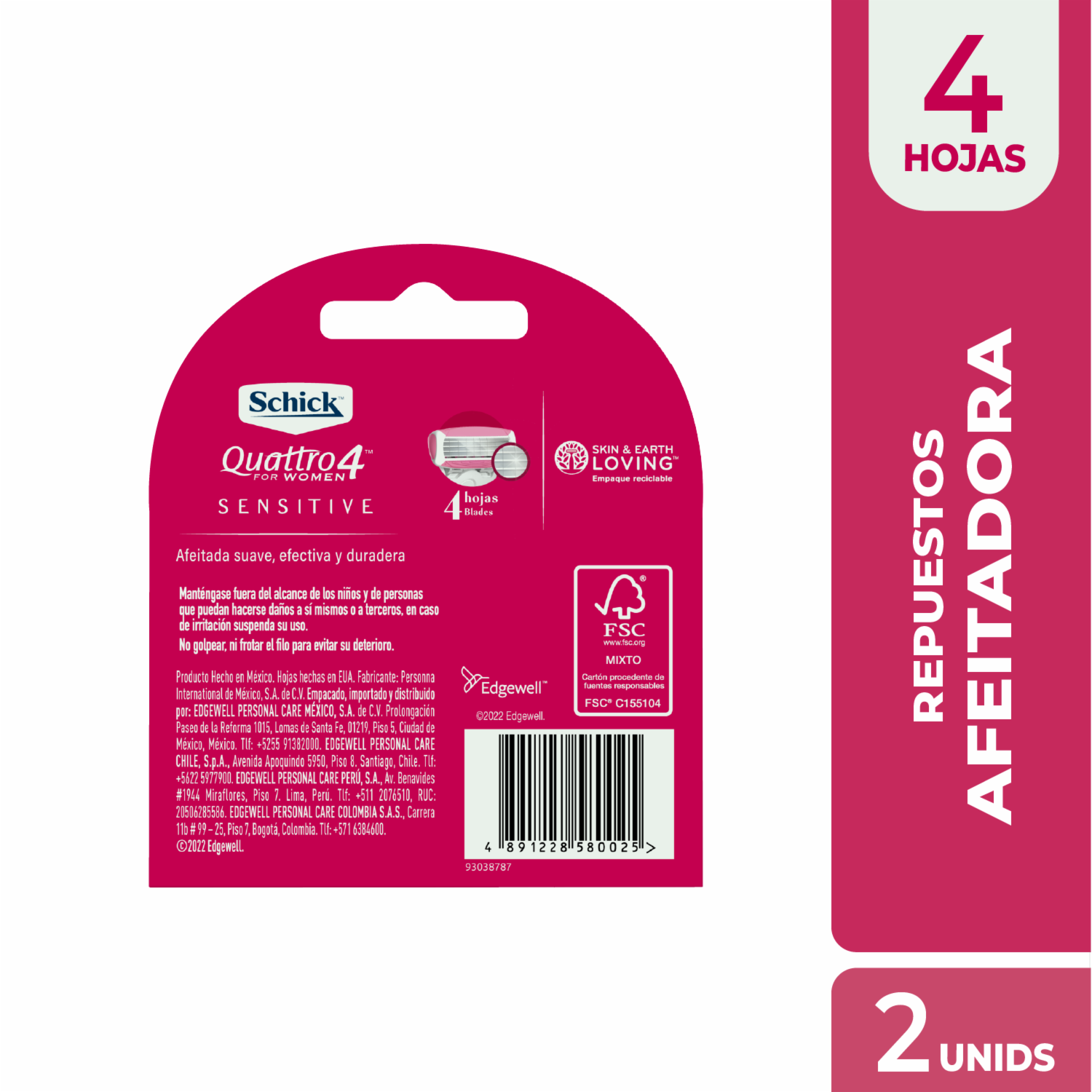 Repuesto De Razuradora Para Mujer Quattro4 Sensitive SCHICK X2 Uds