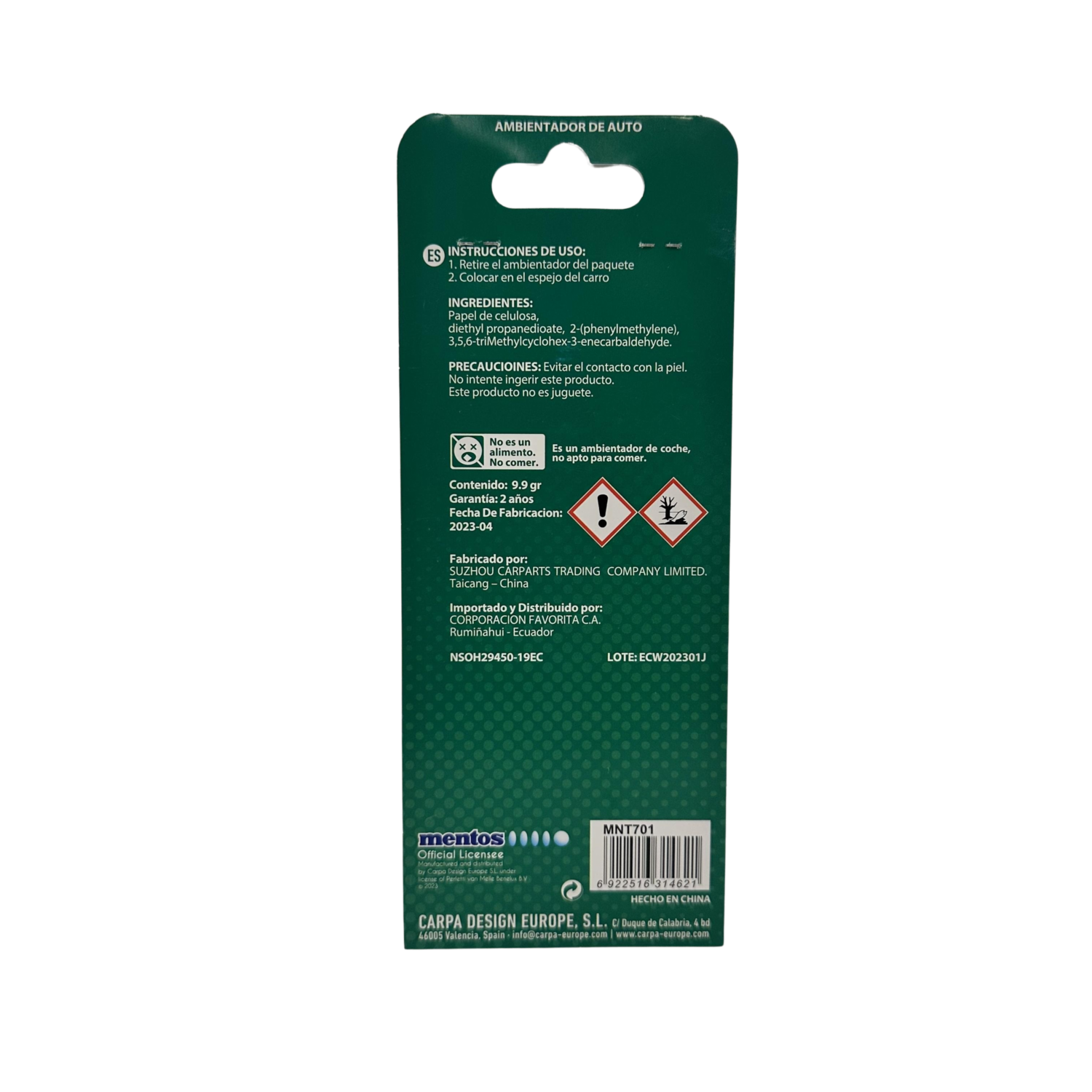 Ambiental Para Auto Fragancia Green Apple MENTOS Unidad