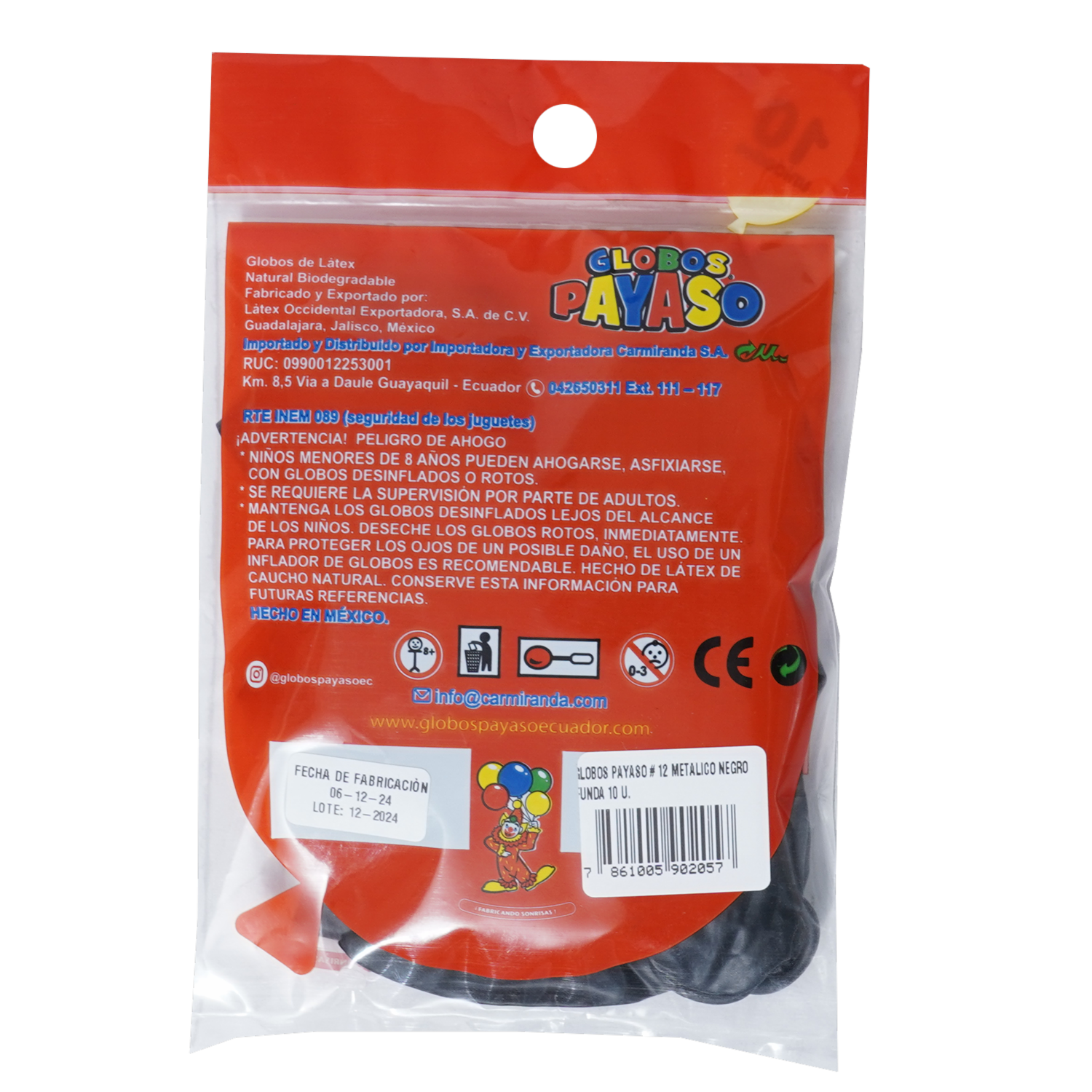 Globo Metálico N12 Negro Funda GLOBOS PAYASO X 12 Uds
