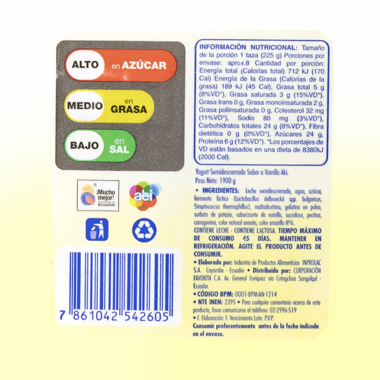 Yogurt Semidescremado Bebible Sabor A Vainilla AKÍ 1900 G