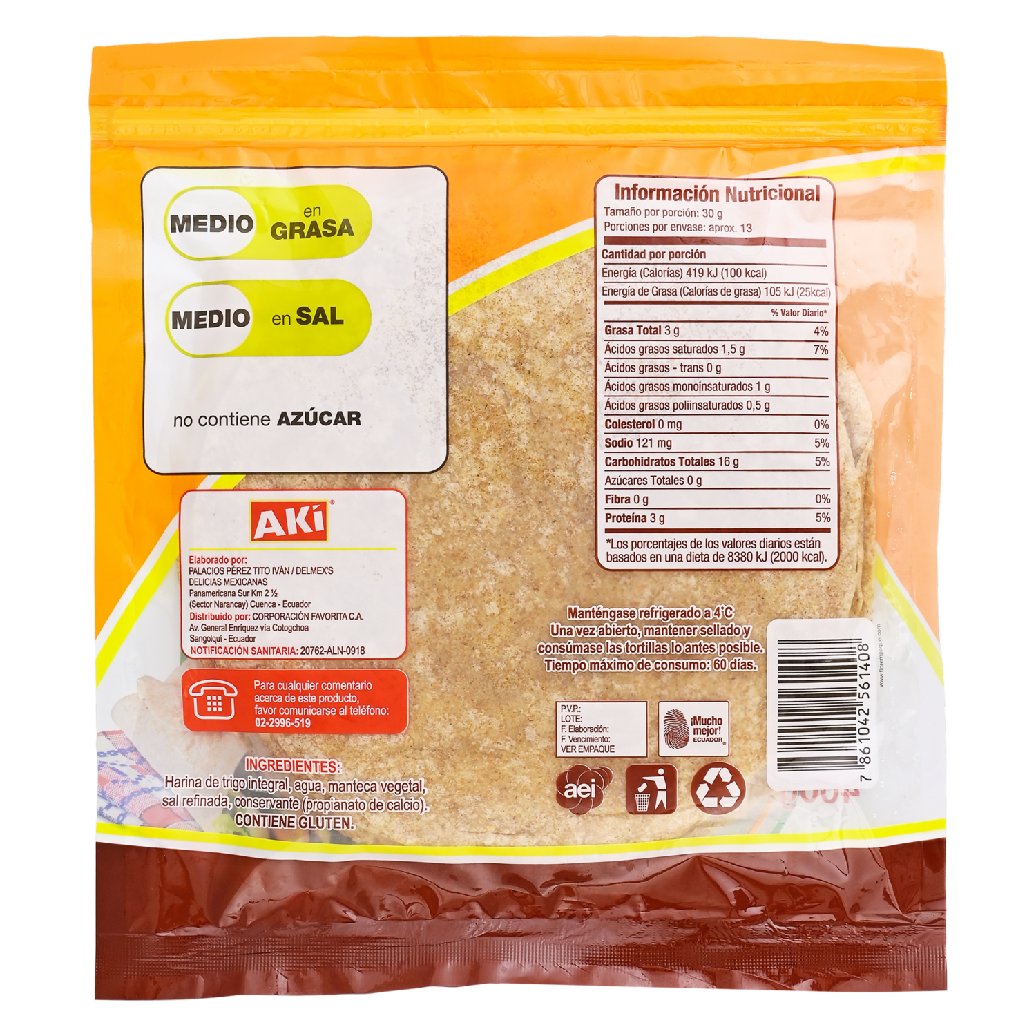 Tortillas De Harina De Trigo Integral 100 % Frescas AKÍ 400 G