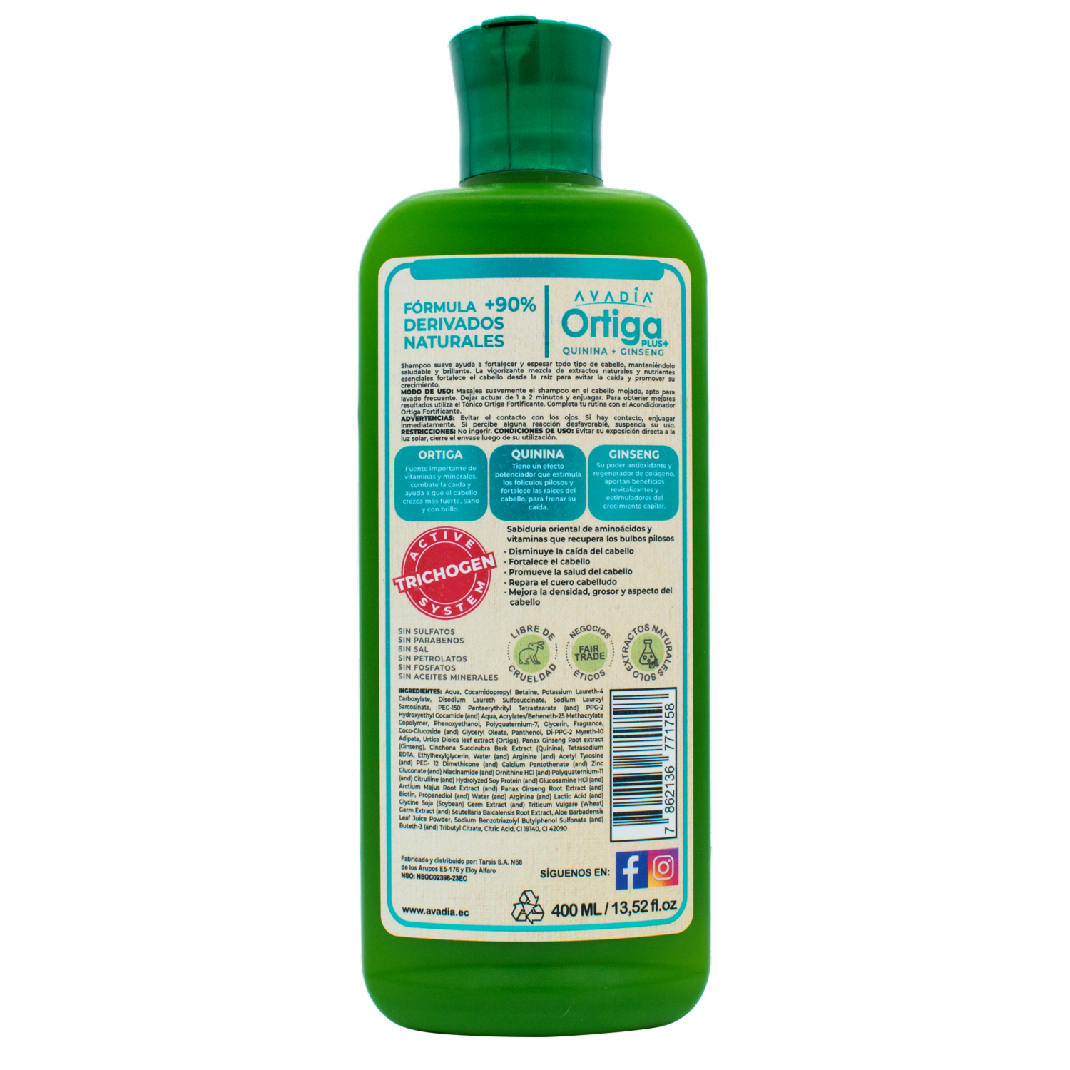 Shampoo De Cabello Ortiga Plus Anticaída Fortificante Trichogen, Ortiga, Quinina Y Ginseng AVADÍA 400 Ml
