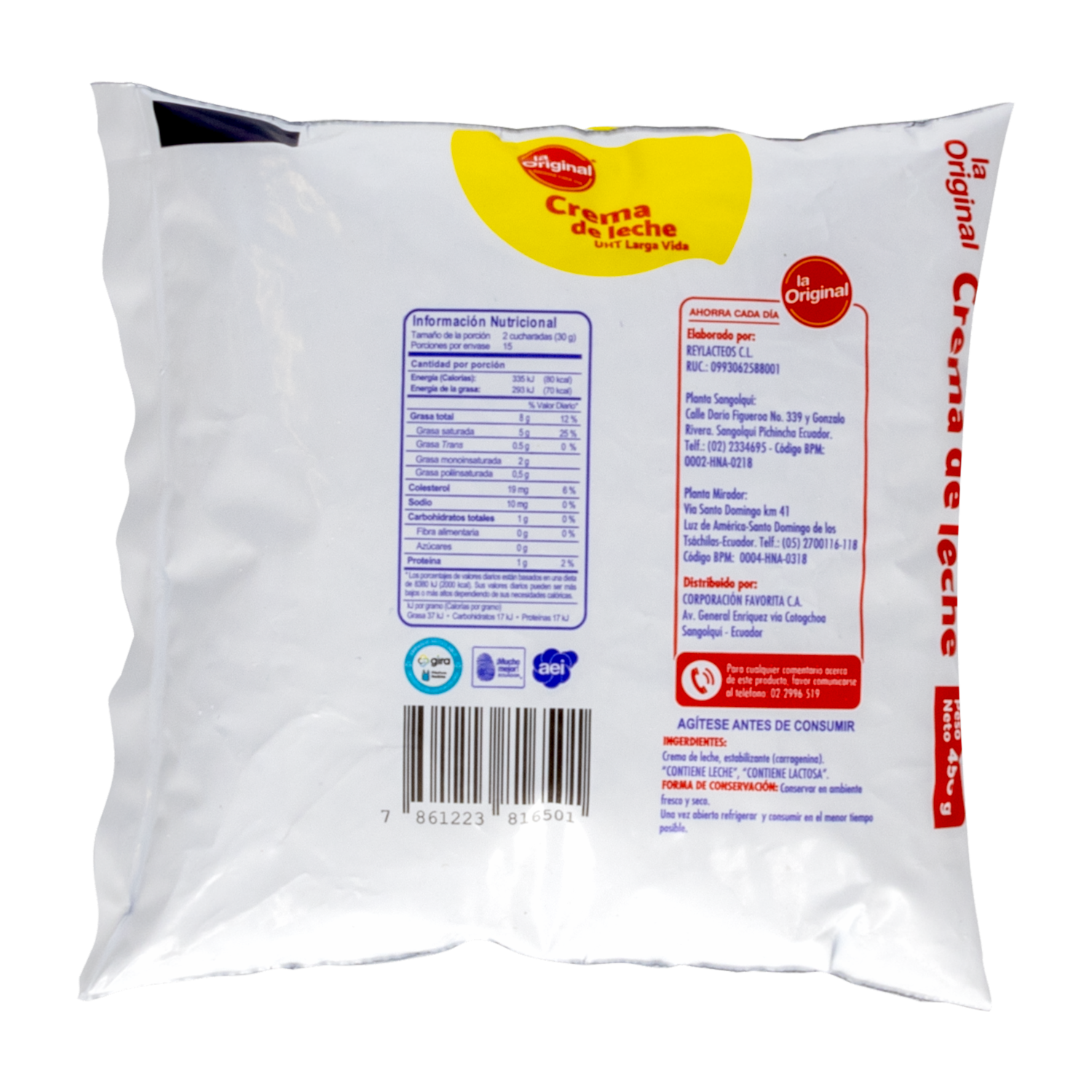 Crema De Leche UHT Larga Vida LA ORIGINAL 450 G