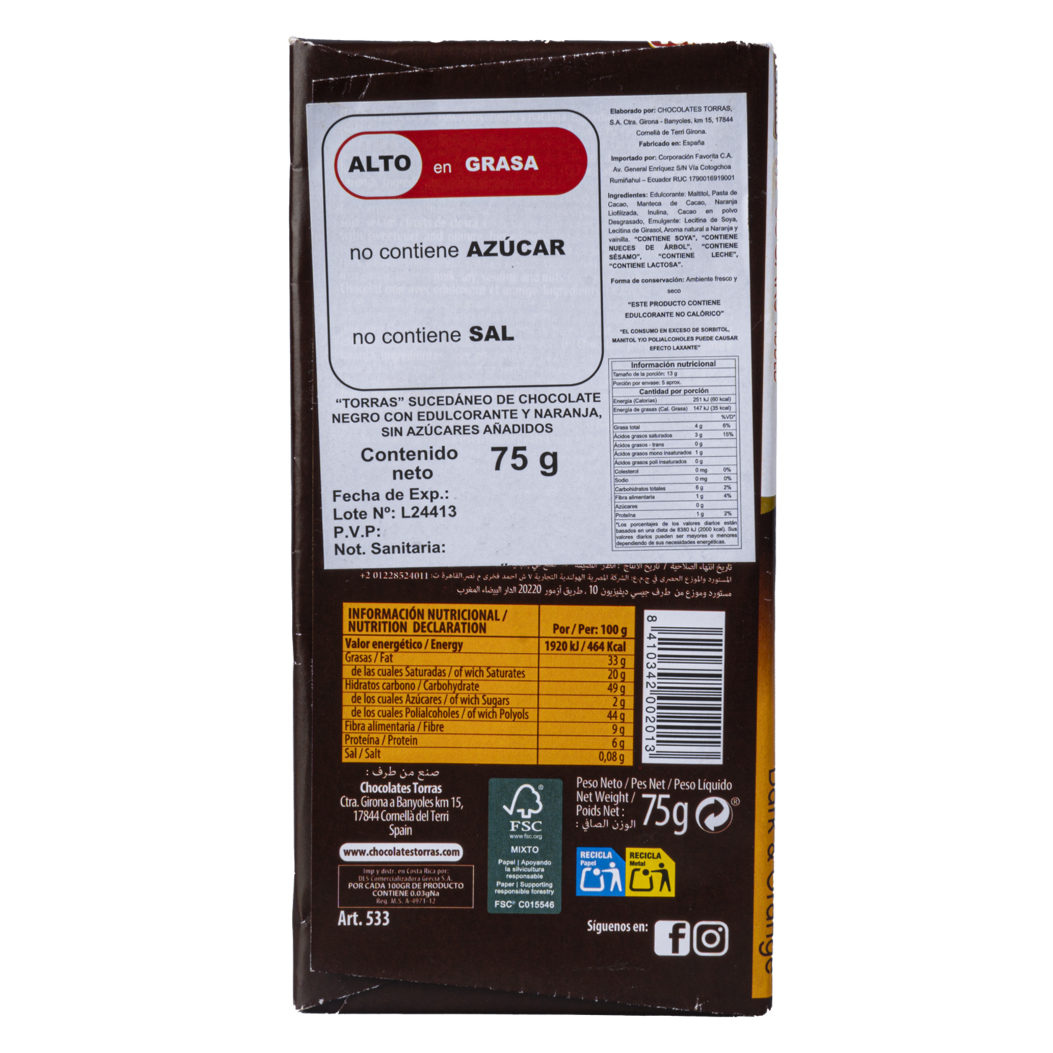 Chocolate Negro Con Naranja TORRAS 75 G