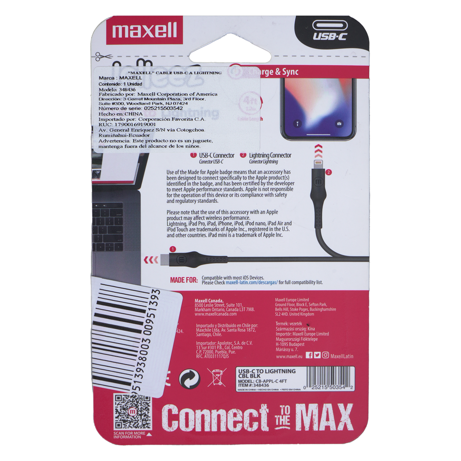 Cable Usb-C A Lightning Negro 4Ft MAXELL Unidad