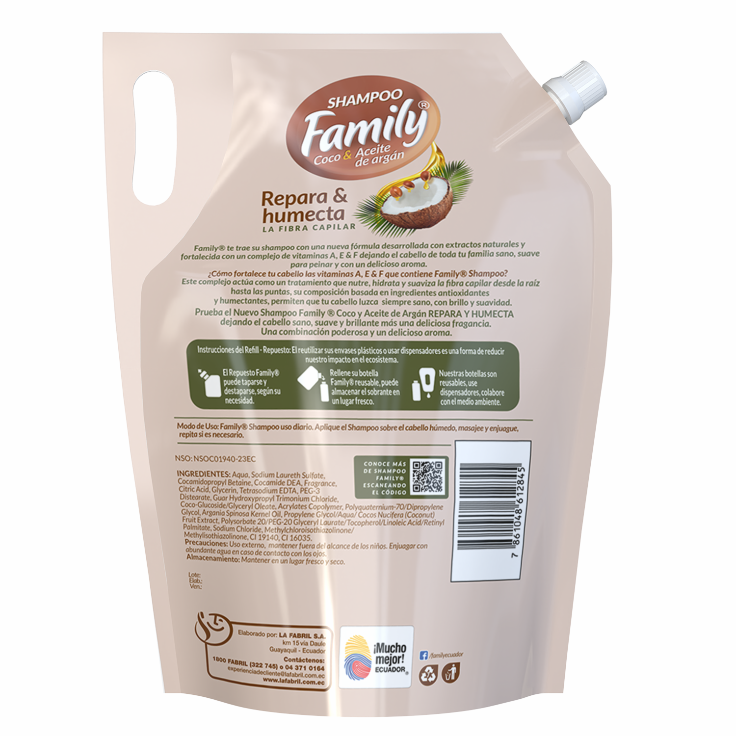 Shampoo De Cabello Coco Y Aceite De Argán Repara Y Humecta FAMILY Doypack 970 Ml