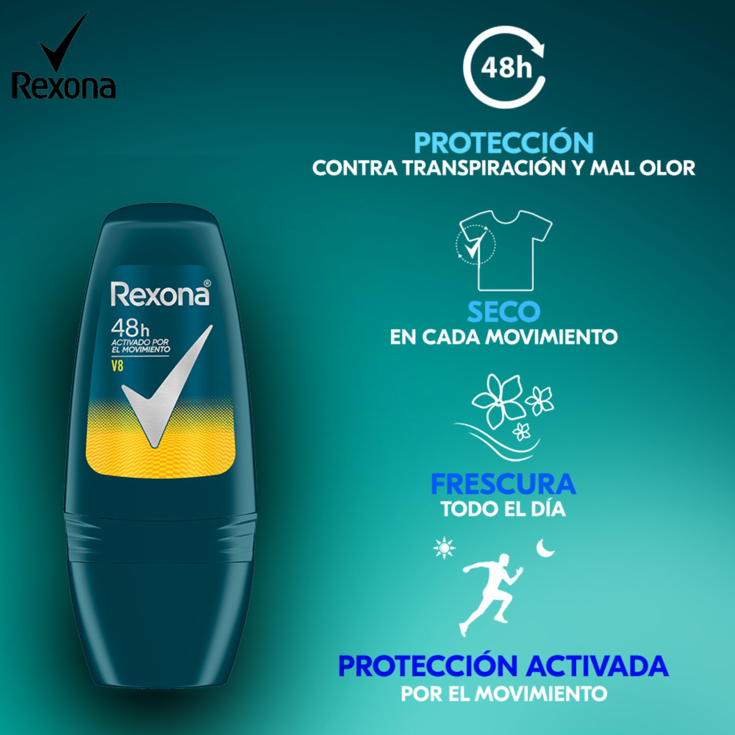 Desodorante En Roll On Para Caballero V8 Nueva Fórmula REXONA 50 Ml