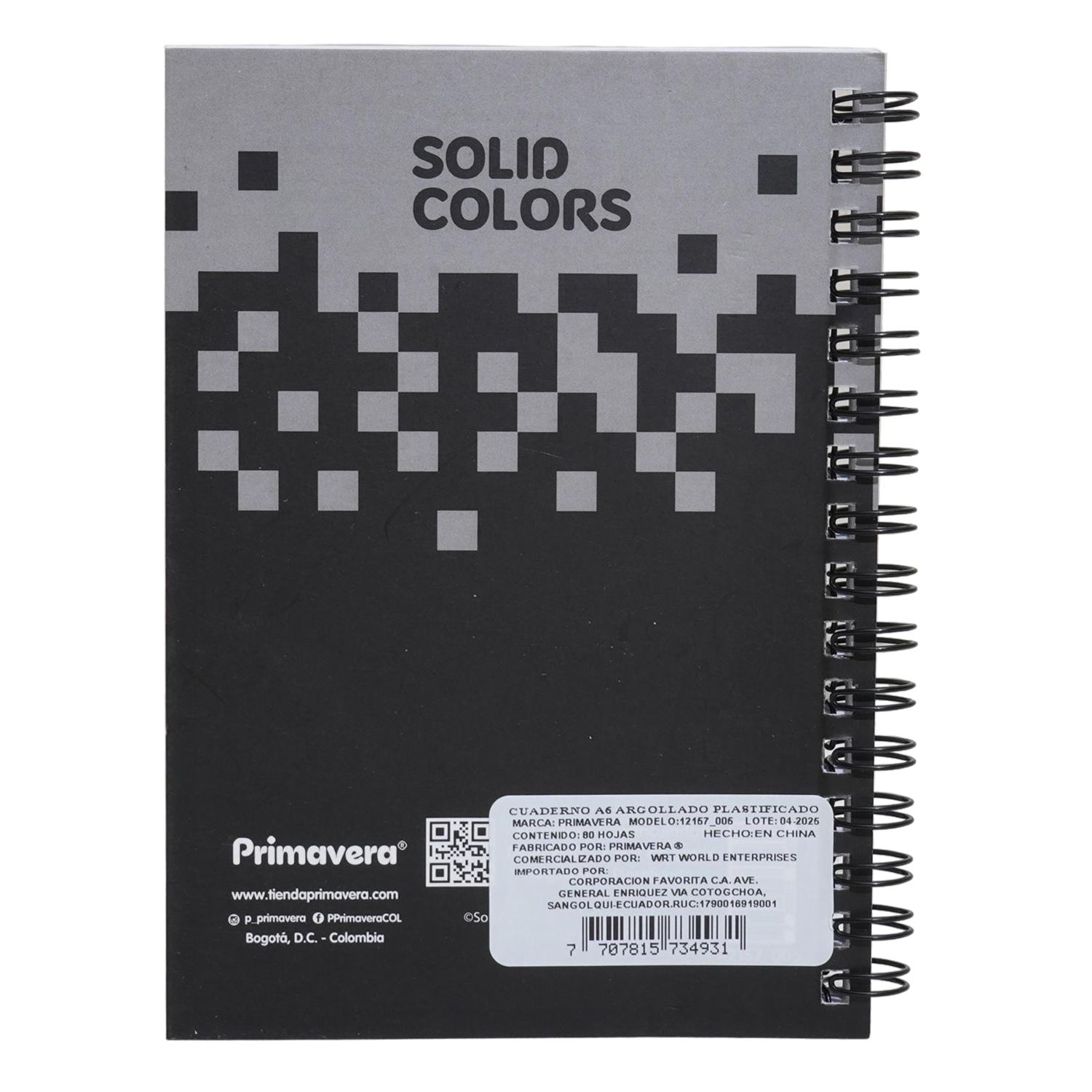 Cuaderno Argollado Cuadros Solid Colors PRIMAVERA 80 Hojas