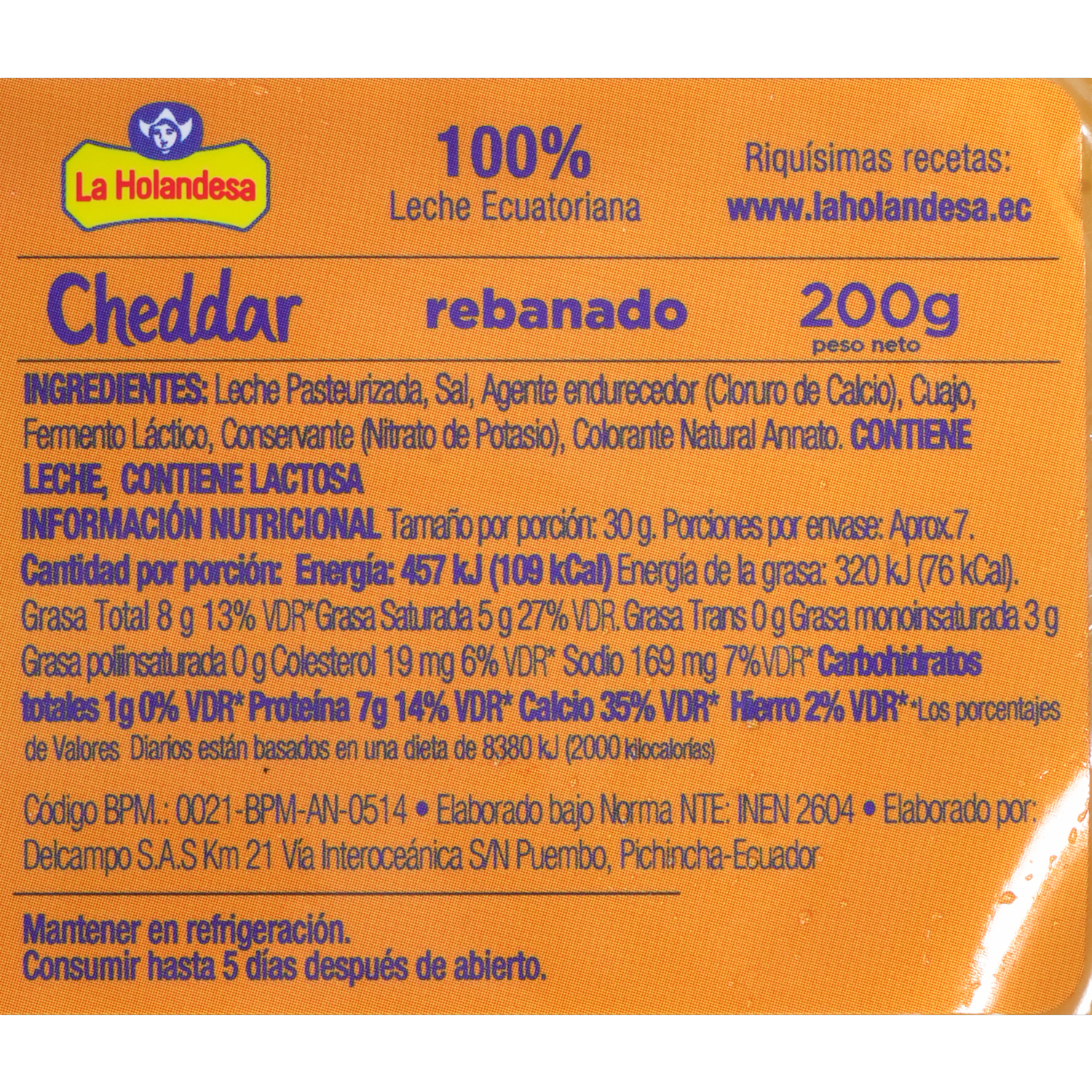 Queso Cheddar Rebanado LA HOLANDESA 200 G