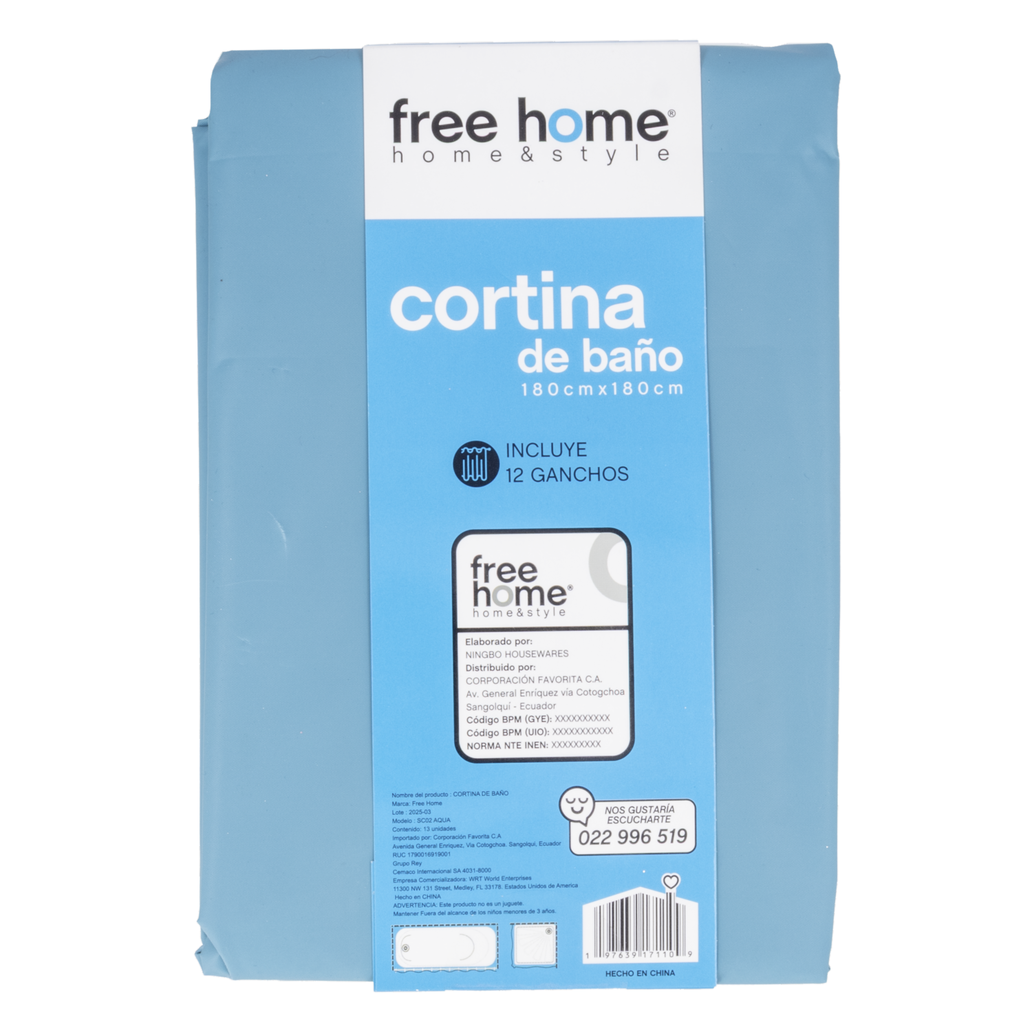 Cortina De Baño Color Aqua Con Ganchos FREE HOME 180X180 CM