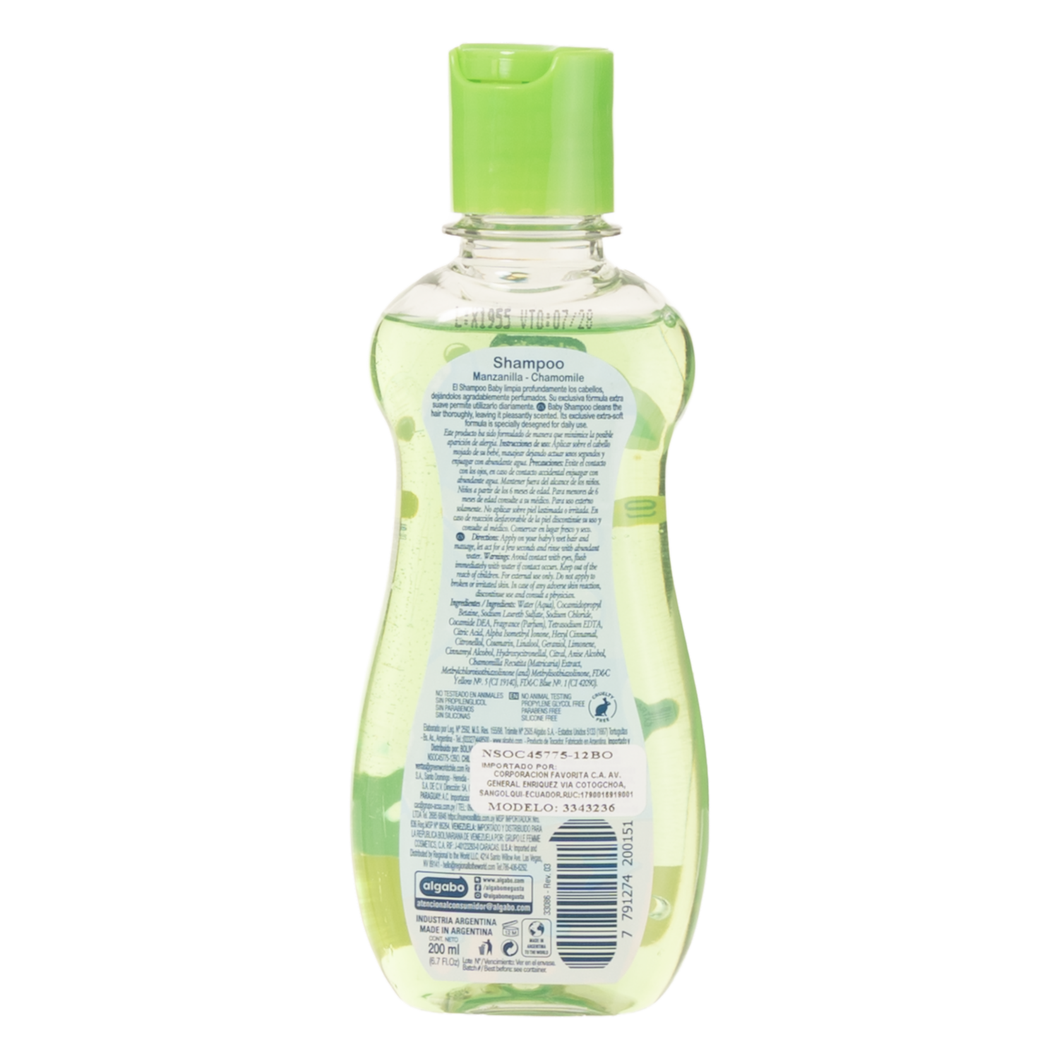 Shampoo Para Cabello De Bebé Manzanilla Hipoalergénico ALGABO 200 Ml
