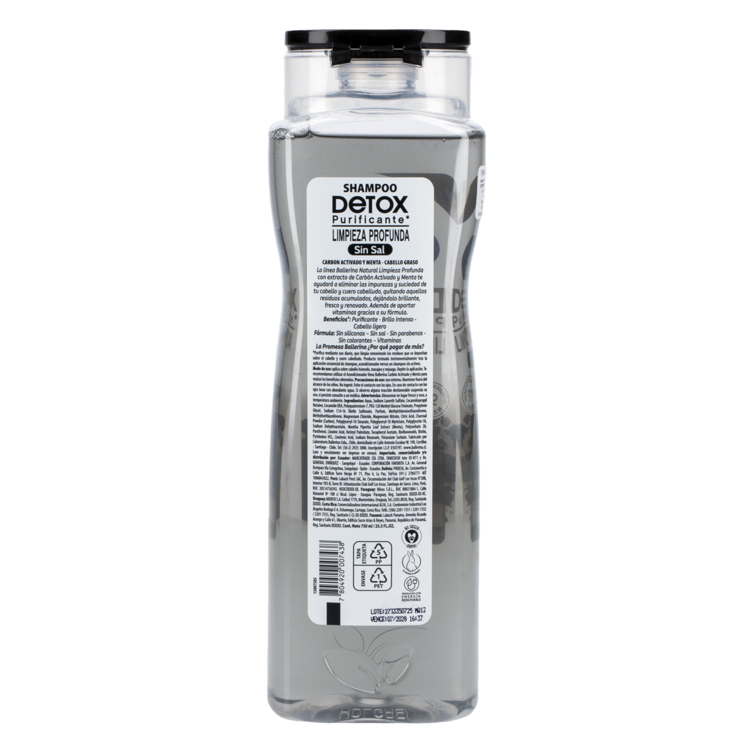 Shampoo De Cabello Detox Purificante Carbón Activado Y Menta BALLERINA 750 Ml