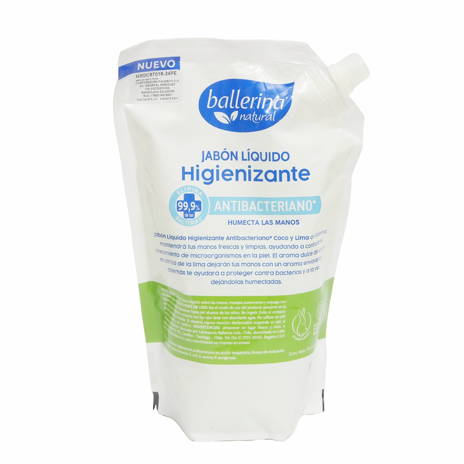 Jabón Líquido Higienizante Antibacteriano Fragancia Coco Y Lima BALLERINA 750 Ml
