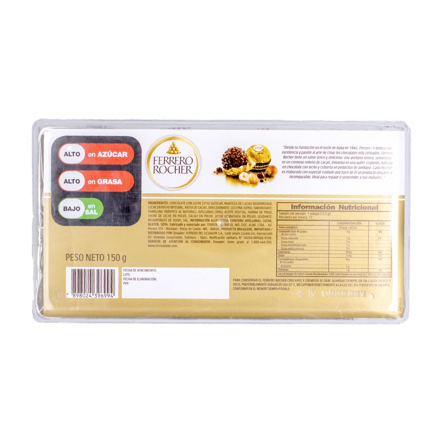 Bombones De Chocolate Recubierto De Trozos De Avellana FERRERO ROCHER 12 X 150 G