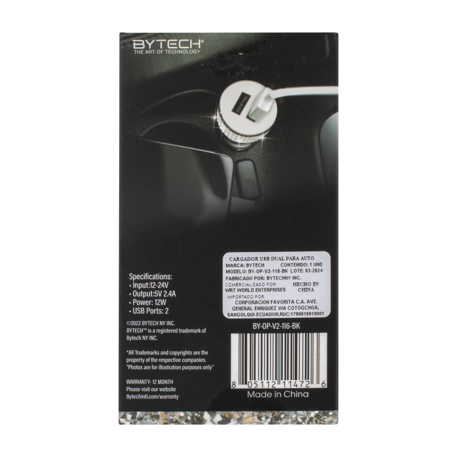Cargador Para Auto Dual USB Rhinestone BYTECH 2.4 Amp