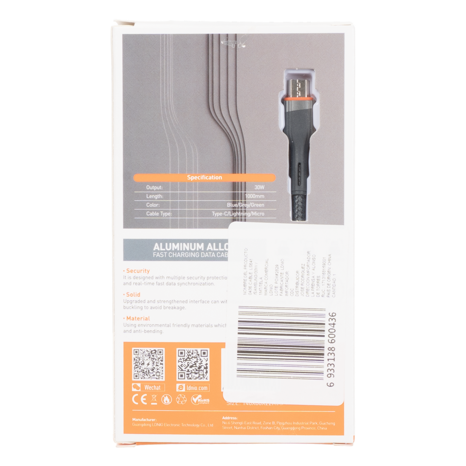 Cable De Carga 1M V8 LS641 LDNIO 30 W