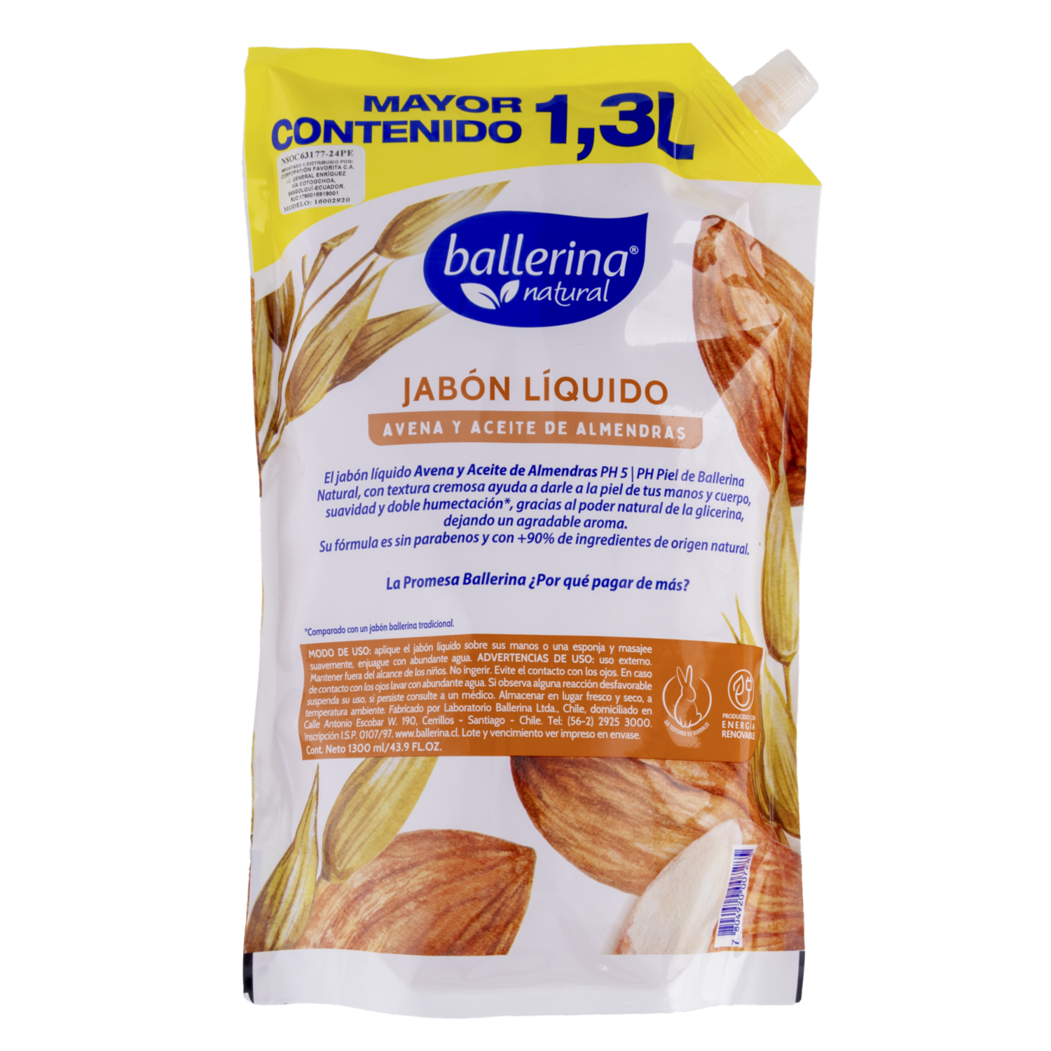 Jabón Líquido Doble Humectación Avena Y Almendras BALLERINA Doypack 1300 Ml