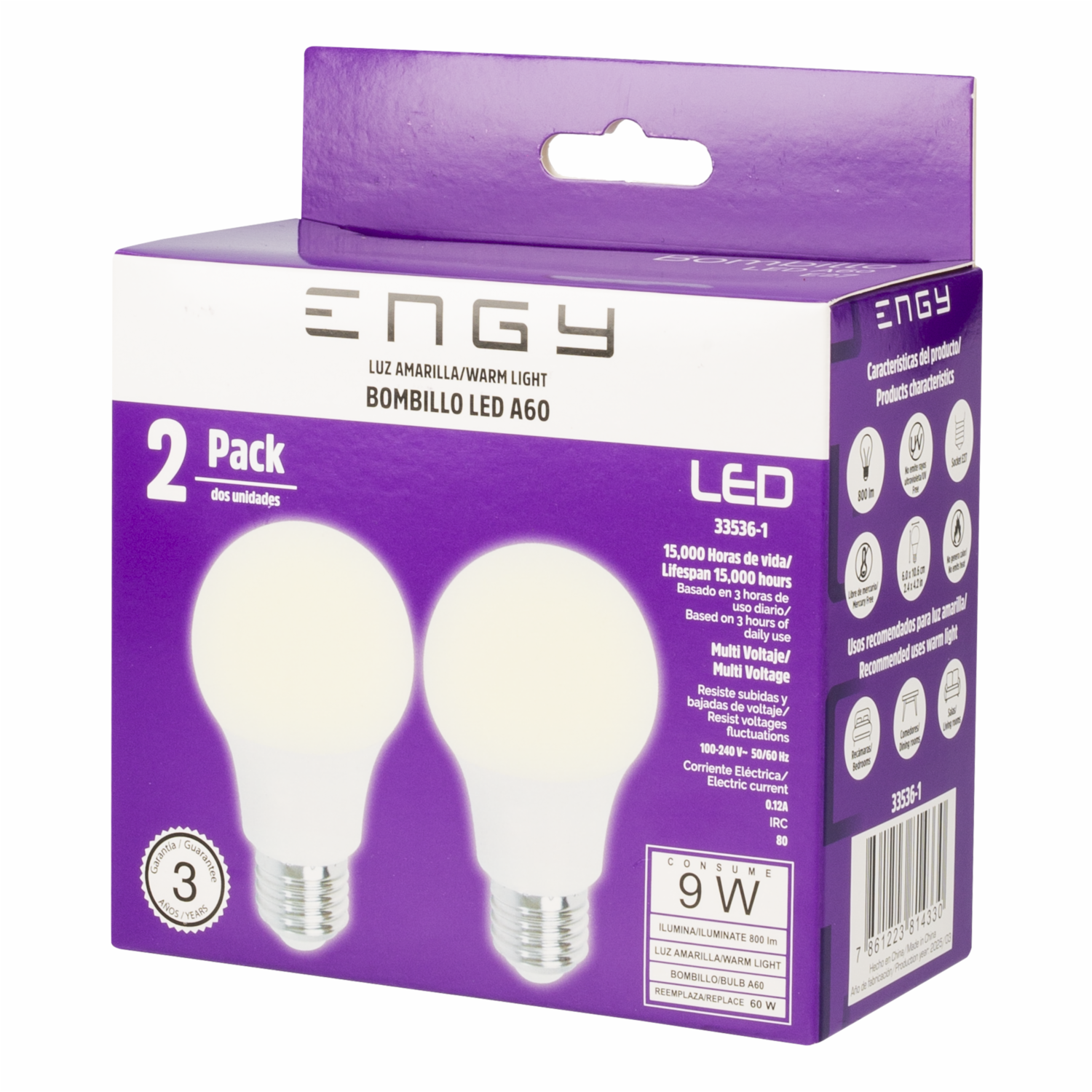 Foco Led A60 E27 9W 100-240V 3000K ENGY Pack 2 Piezas