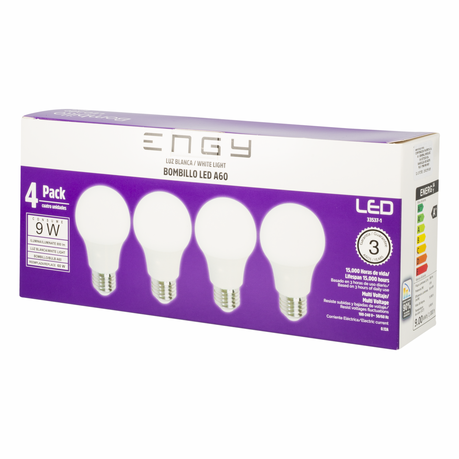 Foco Led A60 E27 9W 100-240V 6000K ENGY Pack 4 Piezas