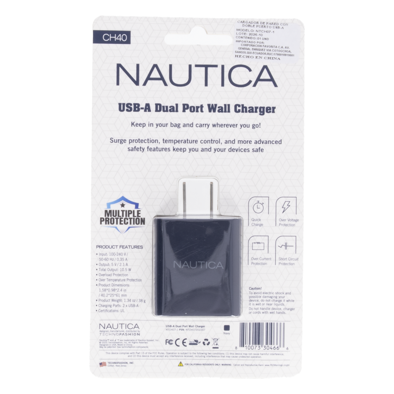 Cargador De Pared De Doble Puerto Usb-A NAUTICA 10,5 W