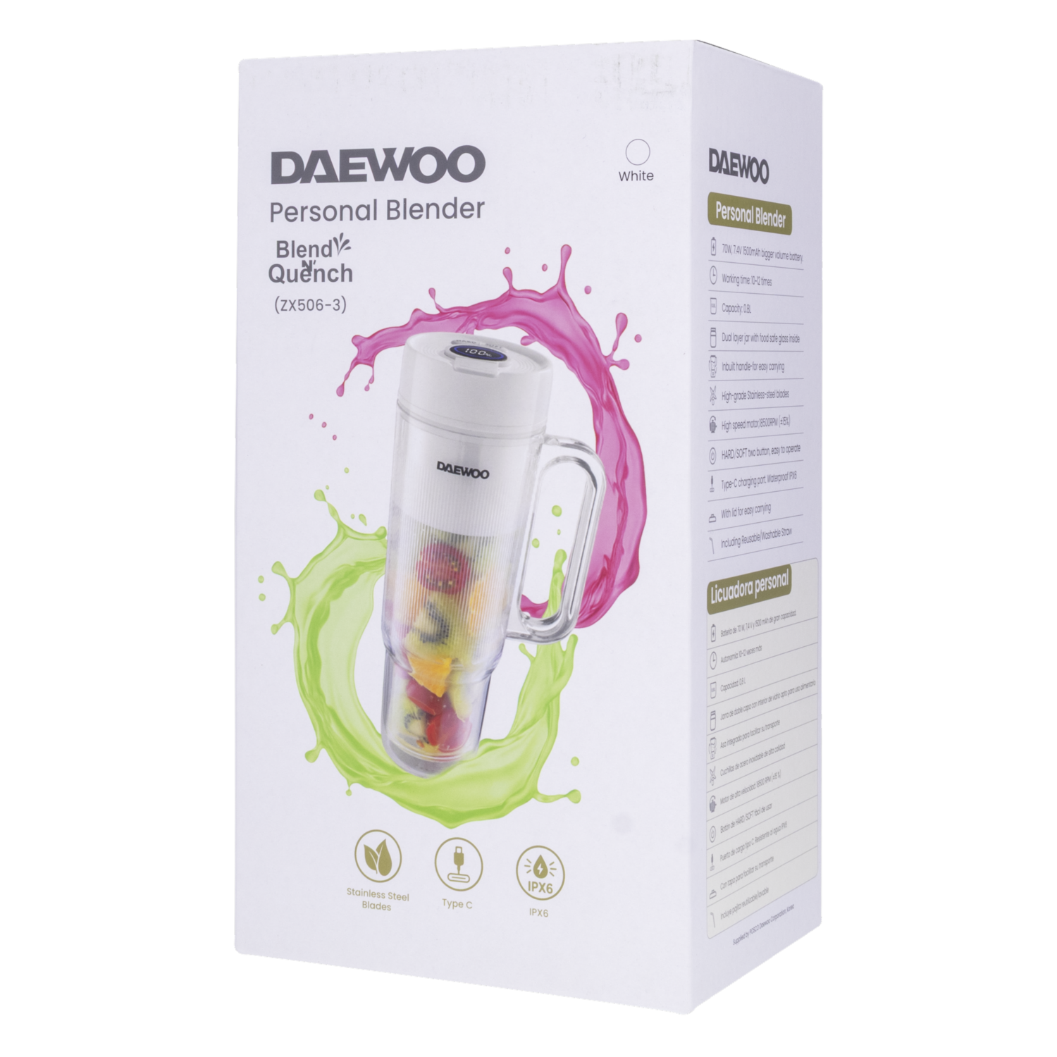 Licuadora Personal Usb Blanca DAEWOO 0,8 Litros 70 W