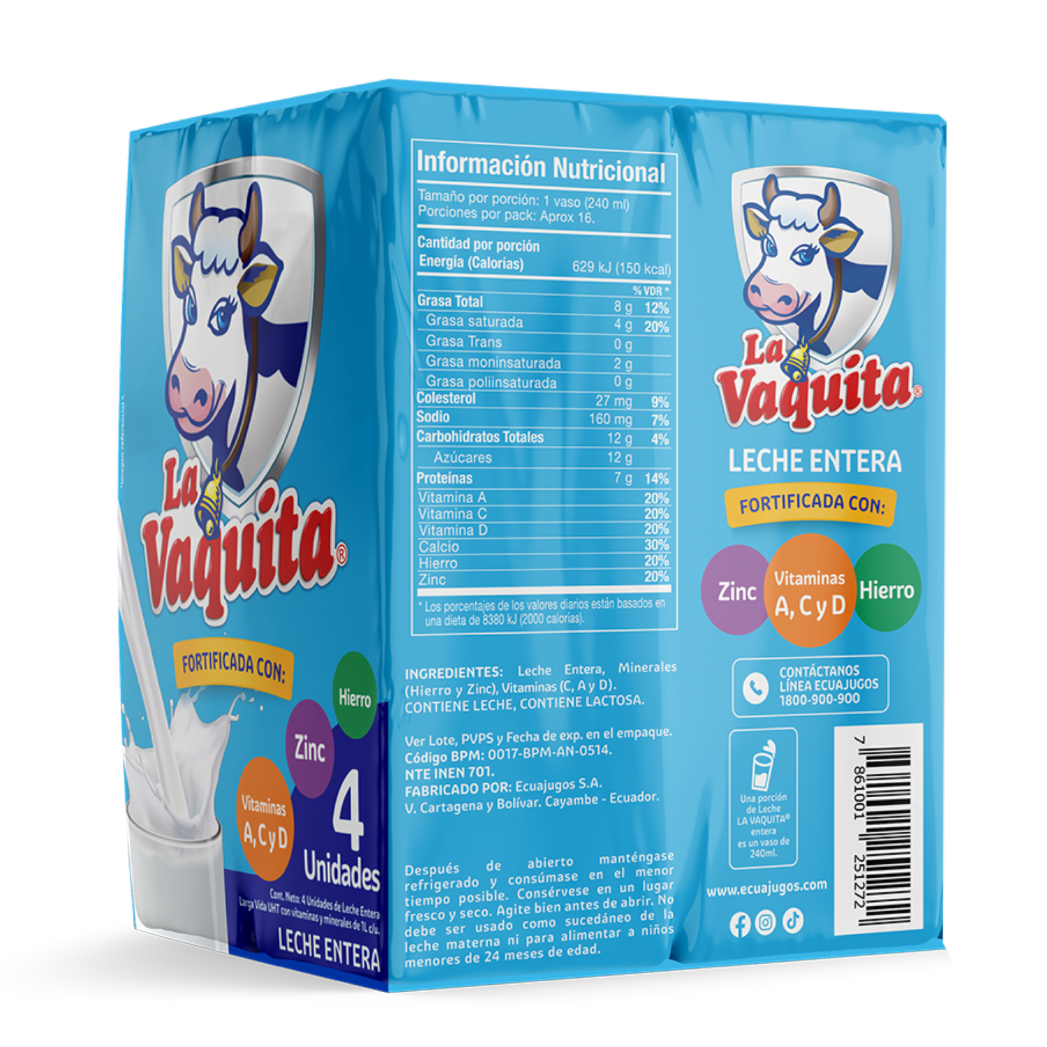 Leche Entera Fortificada LA VAQUITA 4X1000 Ml
