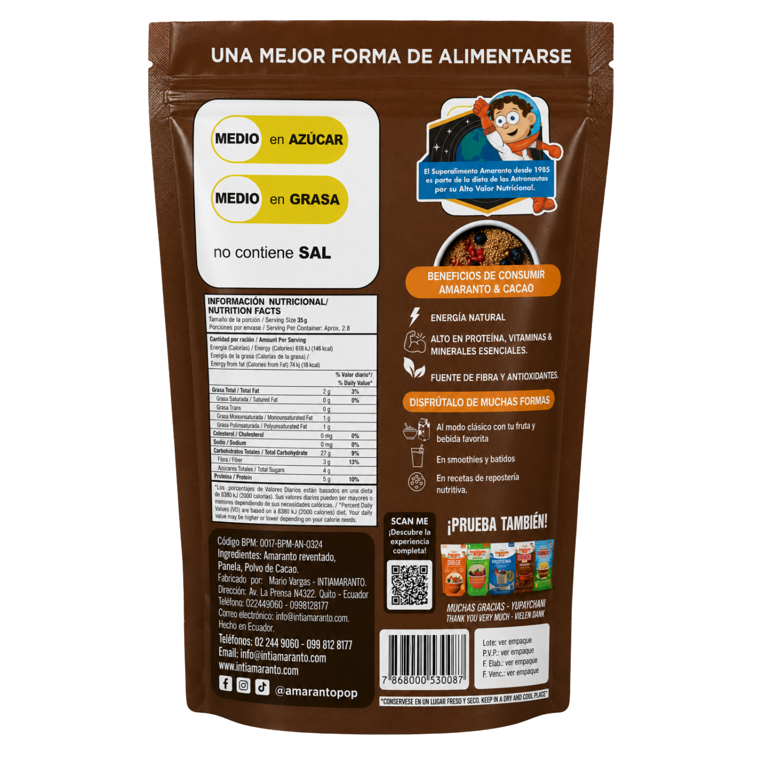Amaranto Pop Chocolate Sin Gluten INTIAMARANTO 100 G