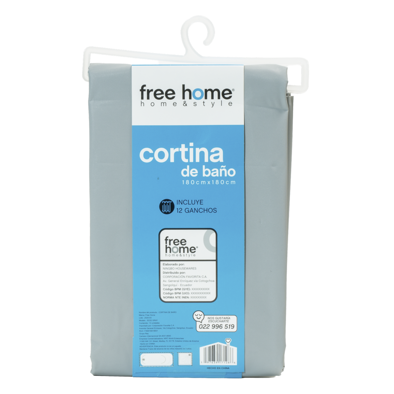 Cortina De Baño Con Ganchos Gris FREE HOME