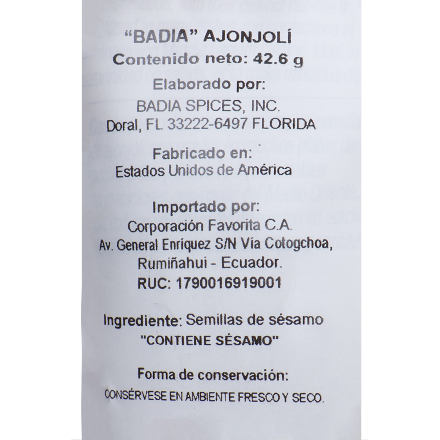 Ajonjolí Empacado BADIA 43 G