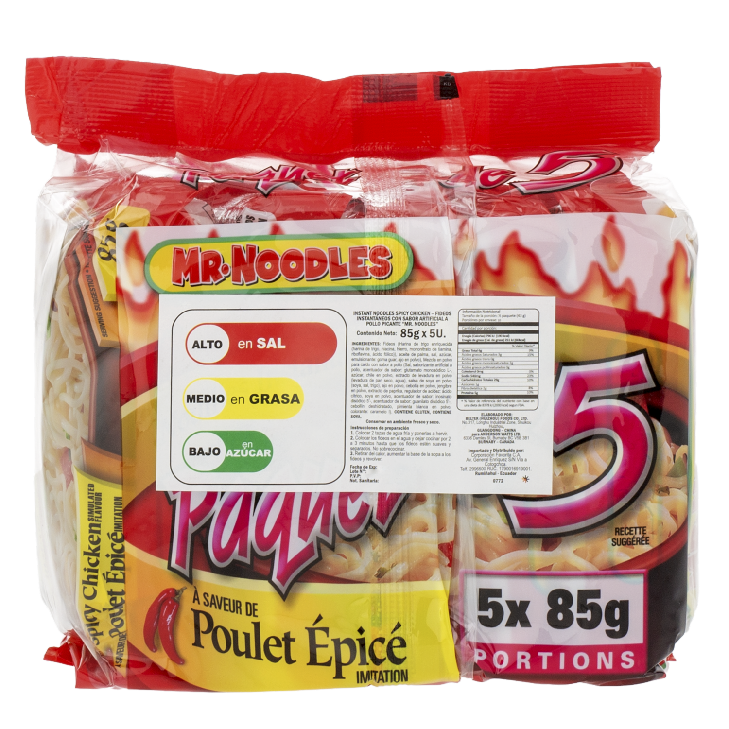 Fideos Instantáneos Sabor Pollo Picante MR. NOODLES 5 X 85 G
