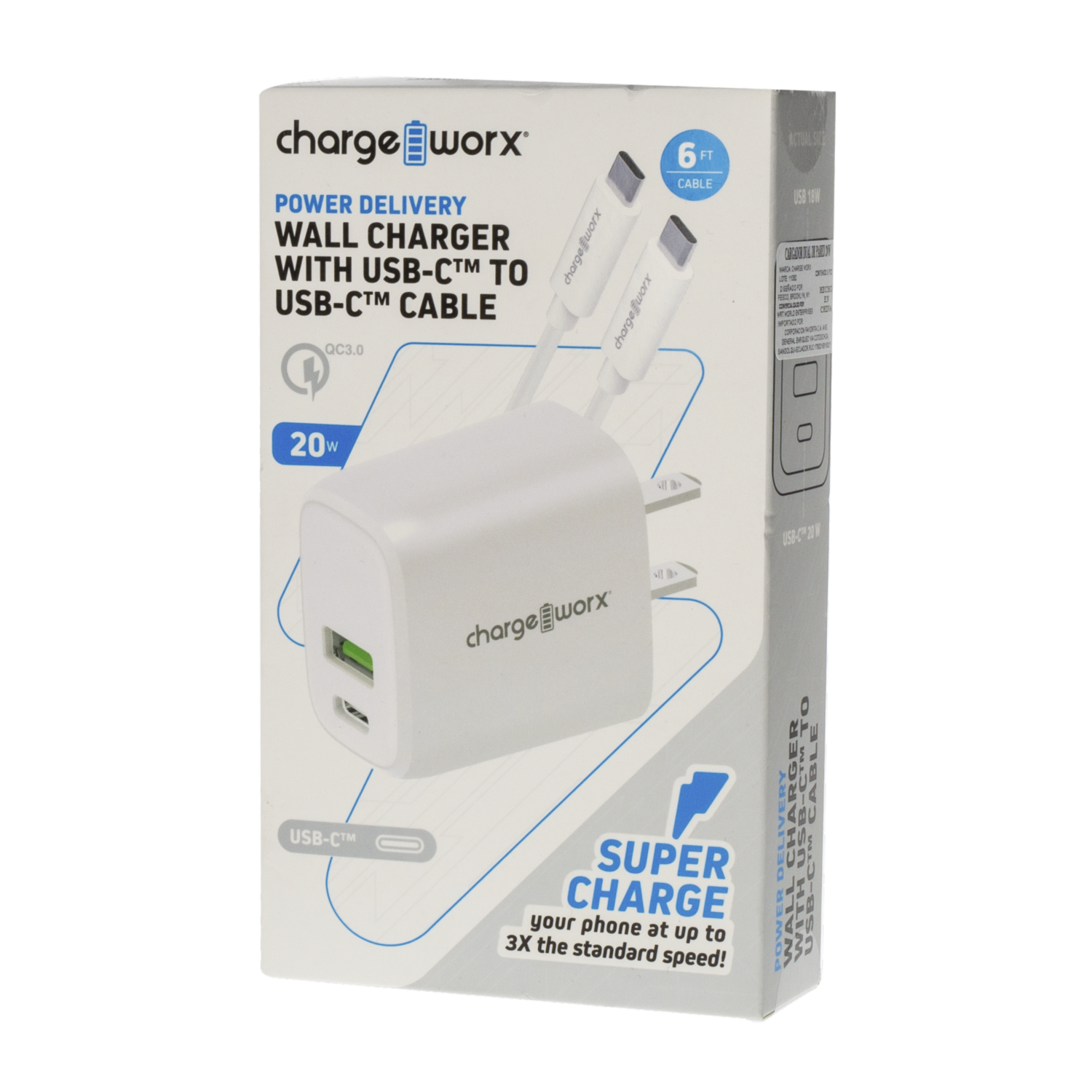 Cargador De Pared Cable USB-C A USB-C Compacto CHARGE WORX 20W