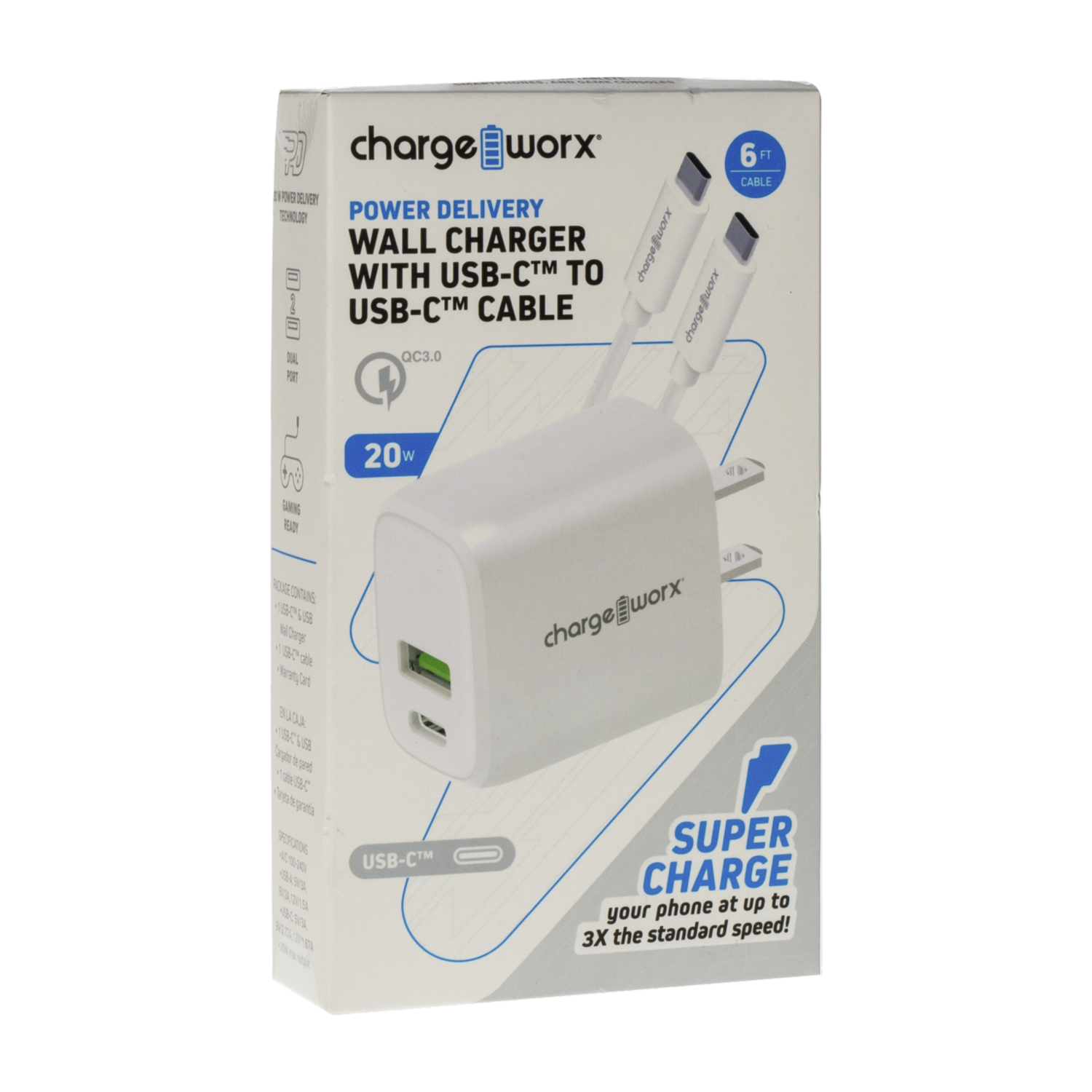 Cargador De Pared Cable USB-C A USB-C Compacto CHARGE WORX 20W