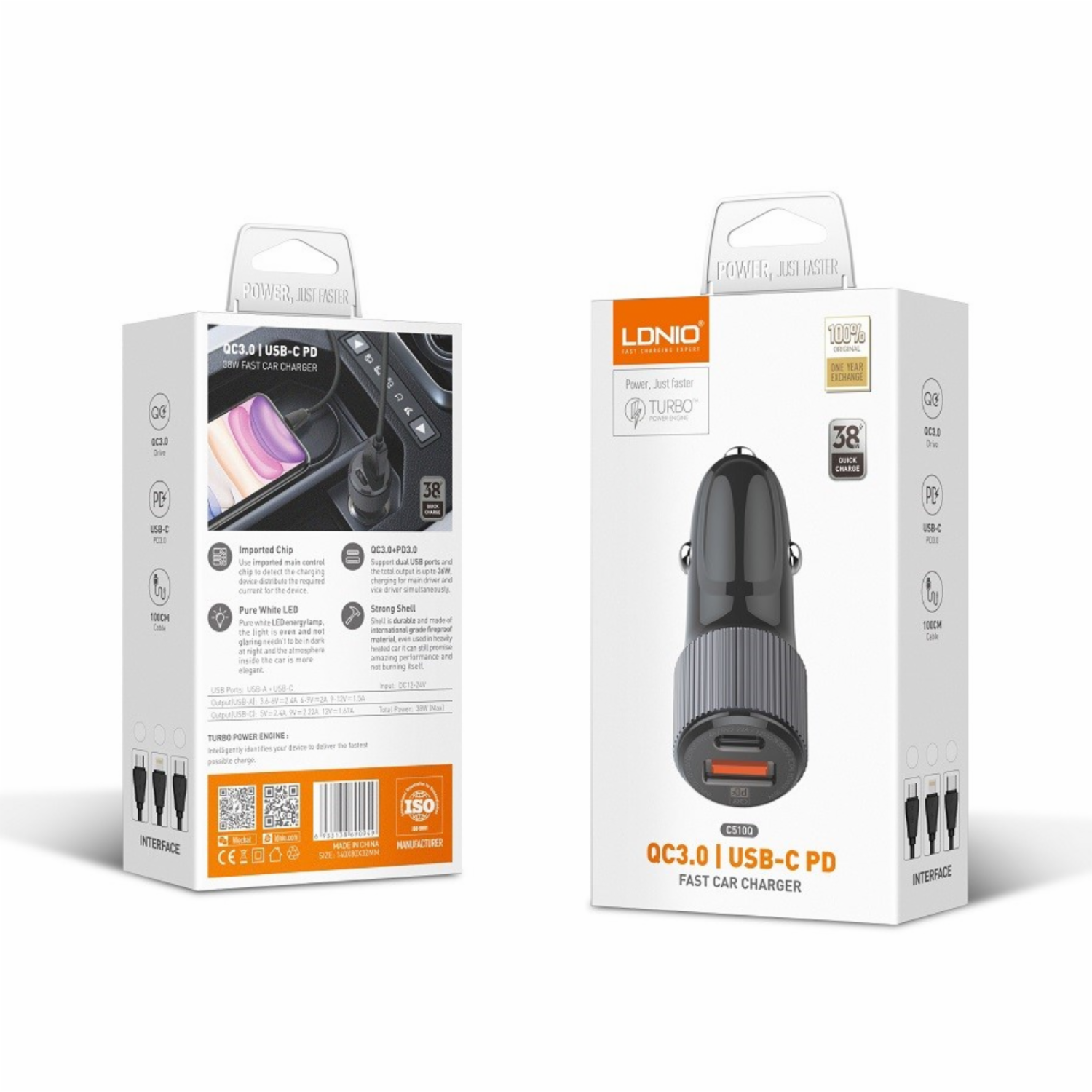 Cargador Para Auto Modelo C510Q 1PD + 1USB QC3.0 Con Cable Tipo C A Tipo C LDNIO 36 W