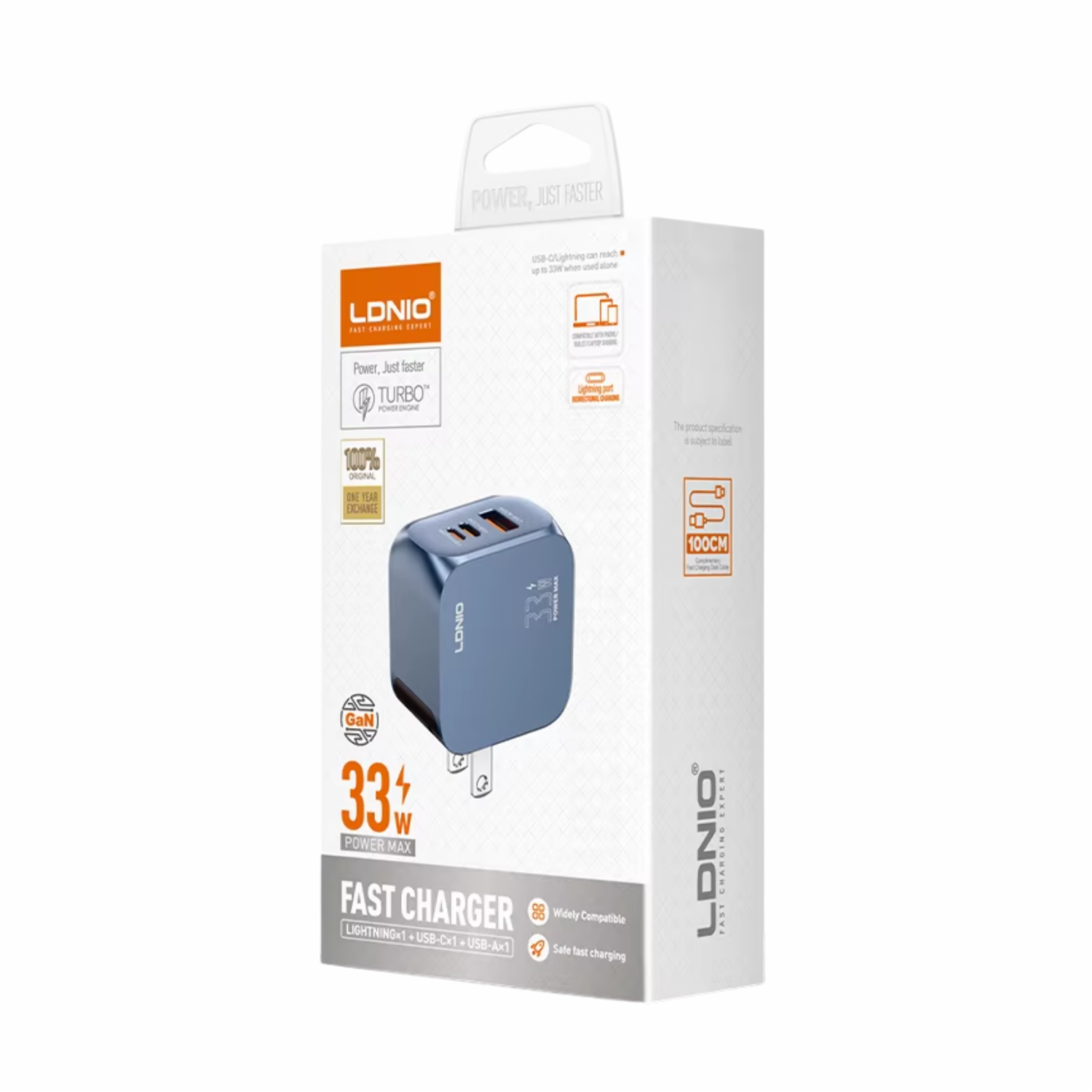 Cargador De Pared Modelo Q5 2PD + 1USB Con Cable Tipo C A Tipo C Azul LDNIO 33 W