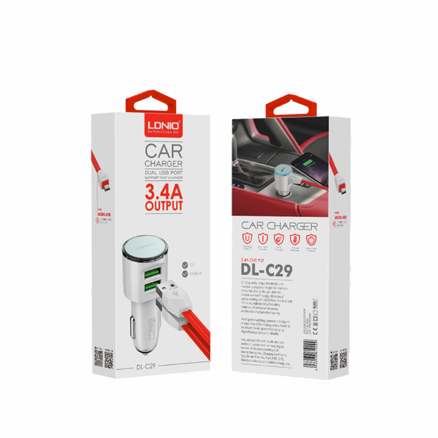 Cargador Para Auto 2 USB Con Cable Tipo C LDNIO 3,4 A