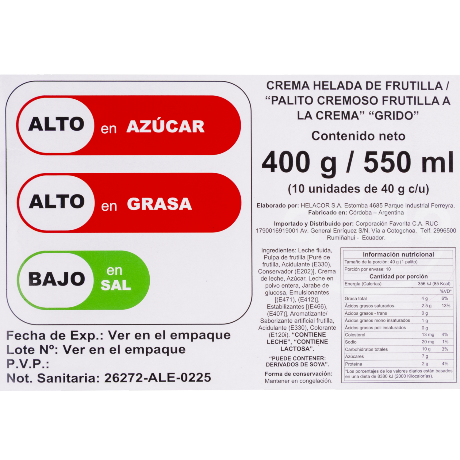 Helado Palito Cremoso Sabor Frutilla A La Crema GRIDO 10 X 40 G