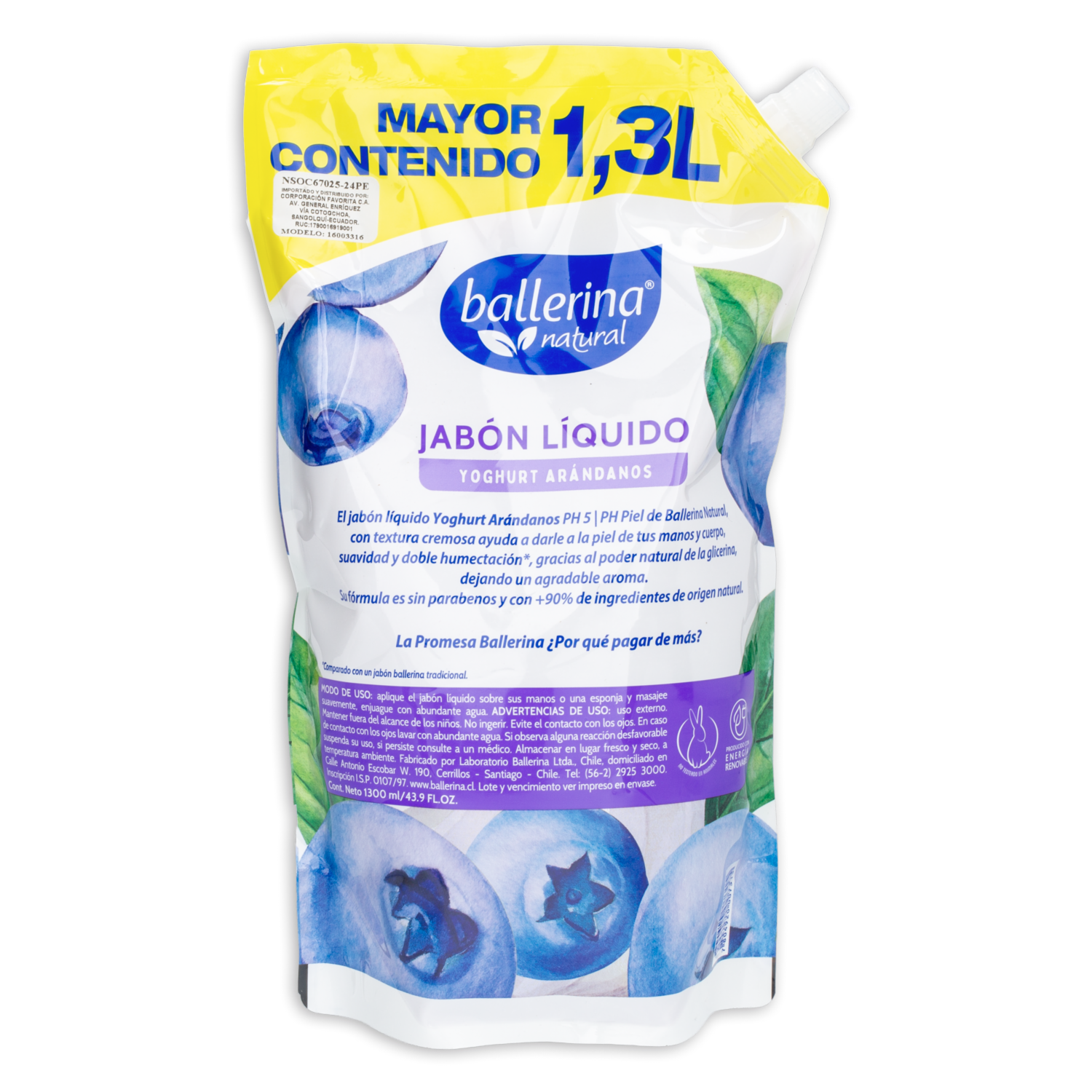 Jabón Líquido Doble Humectación Yoghurt Arándano BALLERINA Doypack 1300 Ml