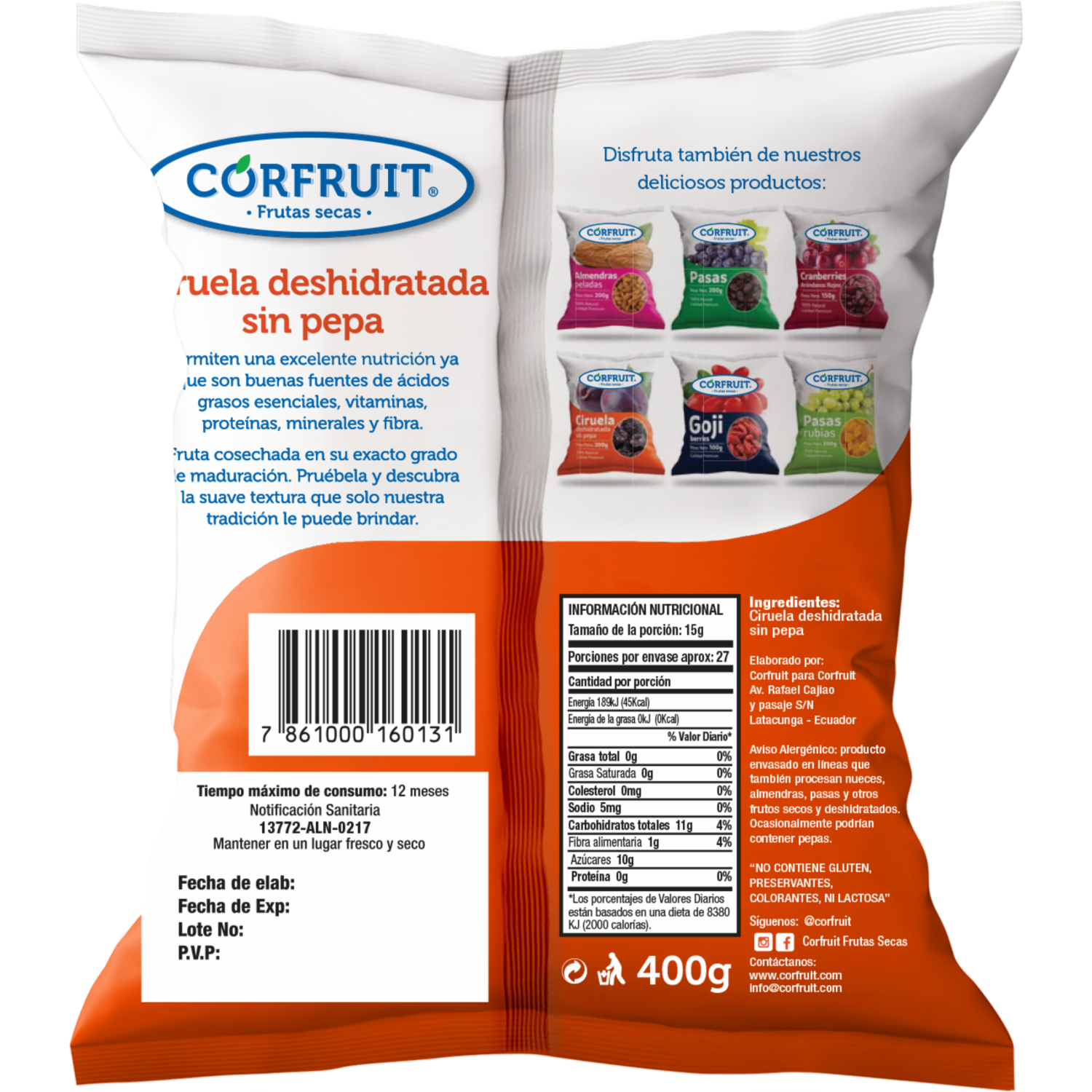 Ciruelas Deshidratada Sin Pepa 100% Natural CORFRUIT 400 G