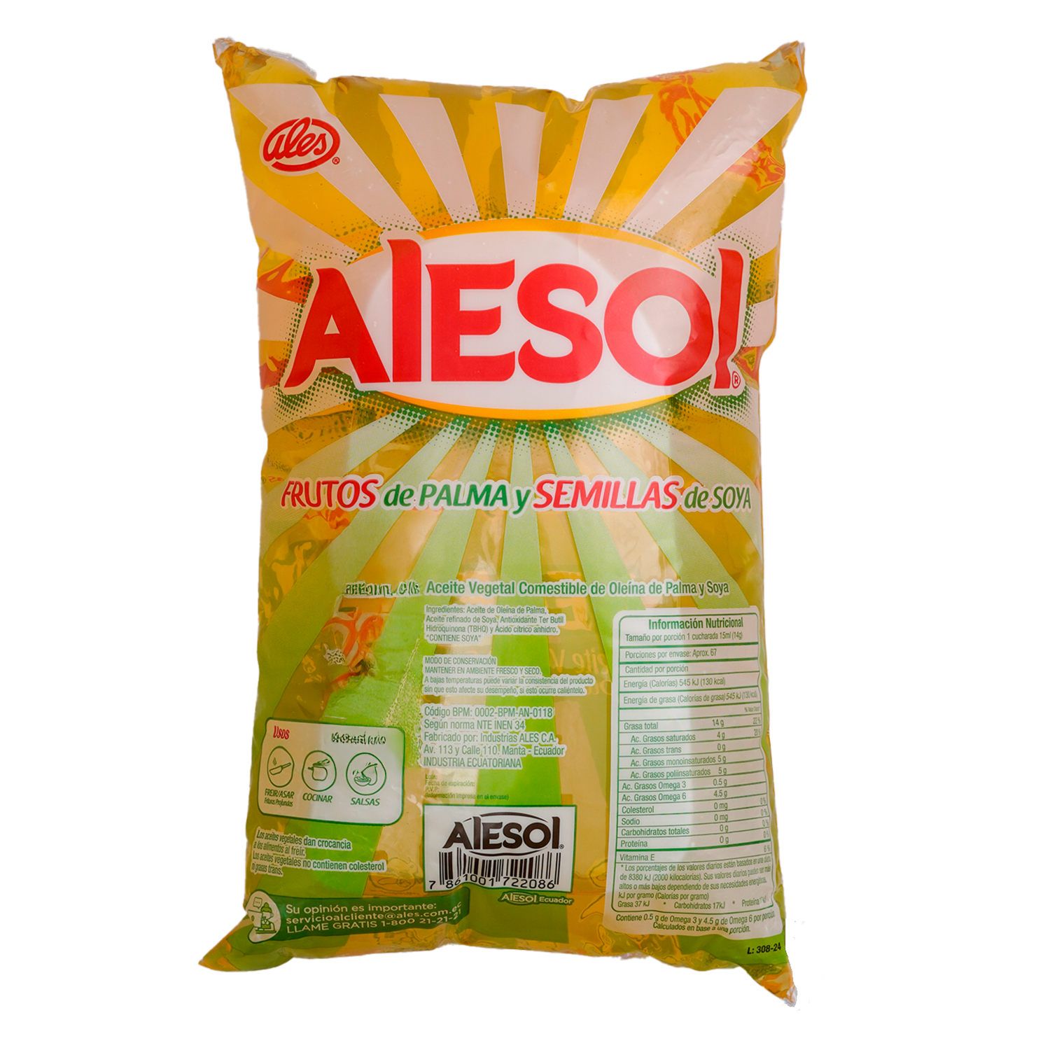Aceite Comestible Vegetal Oleína De Palma Y Soya ALESOL 1000 Ml