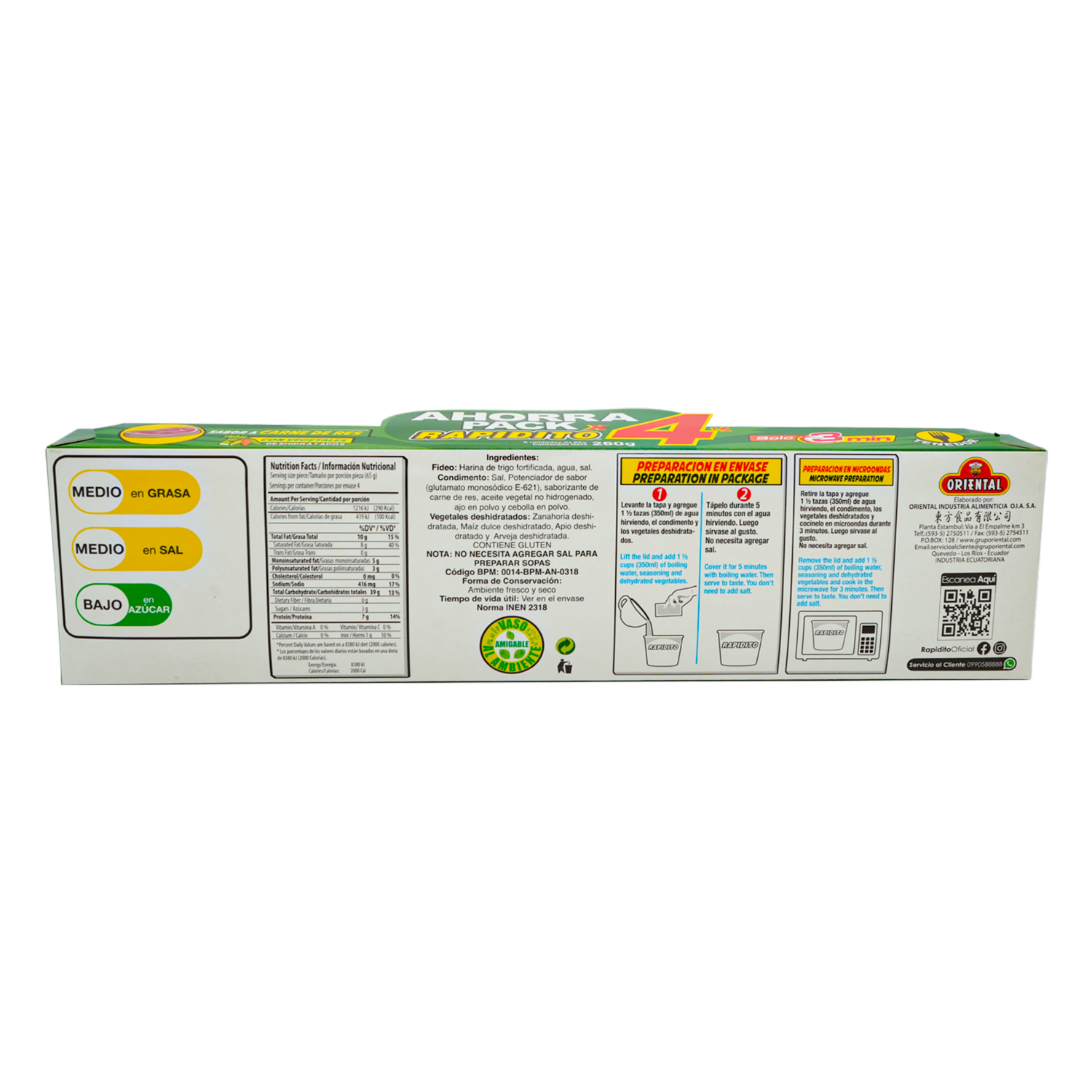 Fideo Instantáneos Rapidito Four Pack Res Vaso ORIENTAL 4 X 65 G