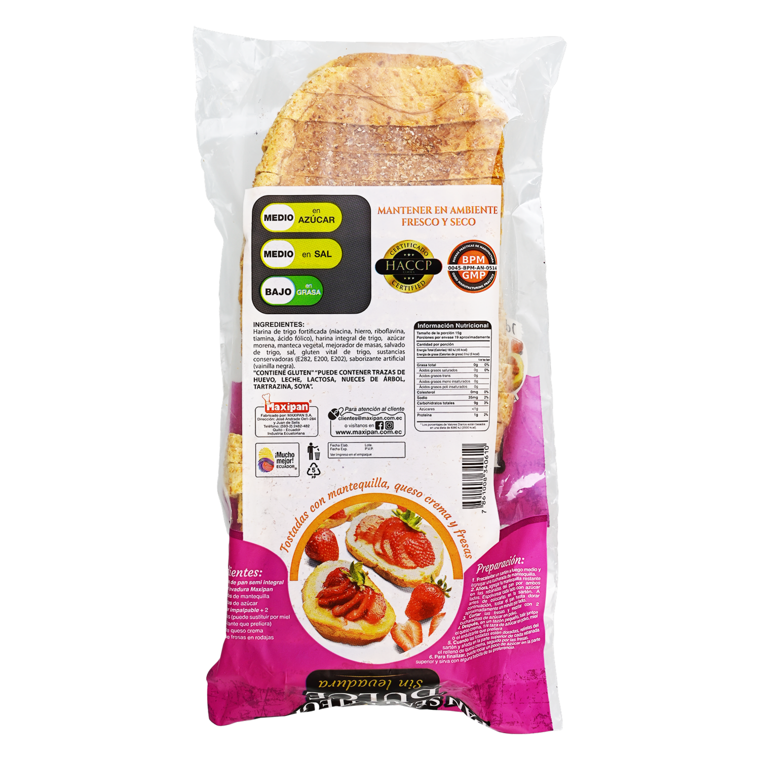 Pan Integral De Dulce Sin Levadura MAXIPAN 280 G