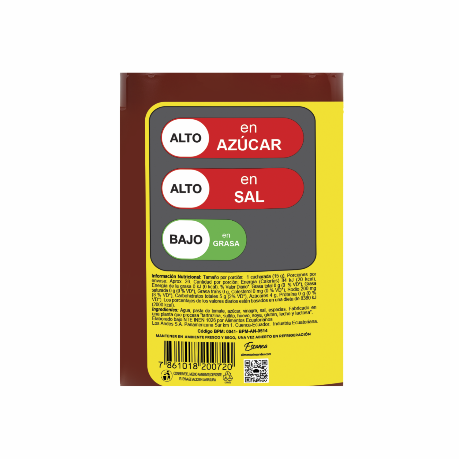 Salsa De Tomate Sin Gluten LOS ANDES Botella De Vidrio 395  G