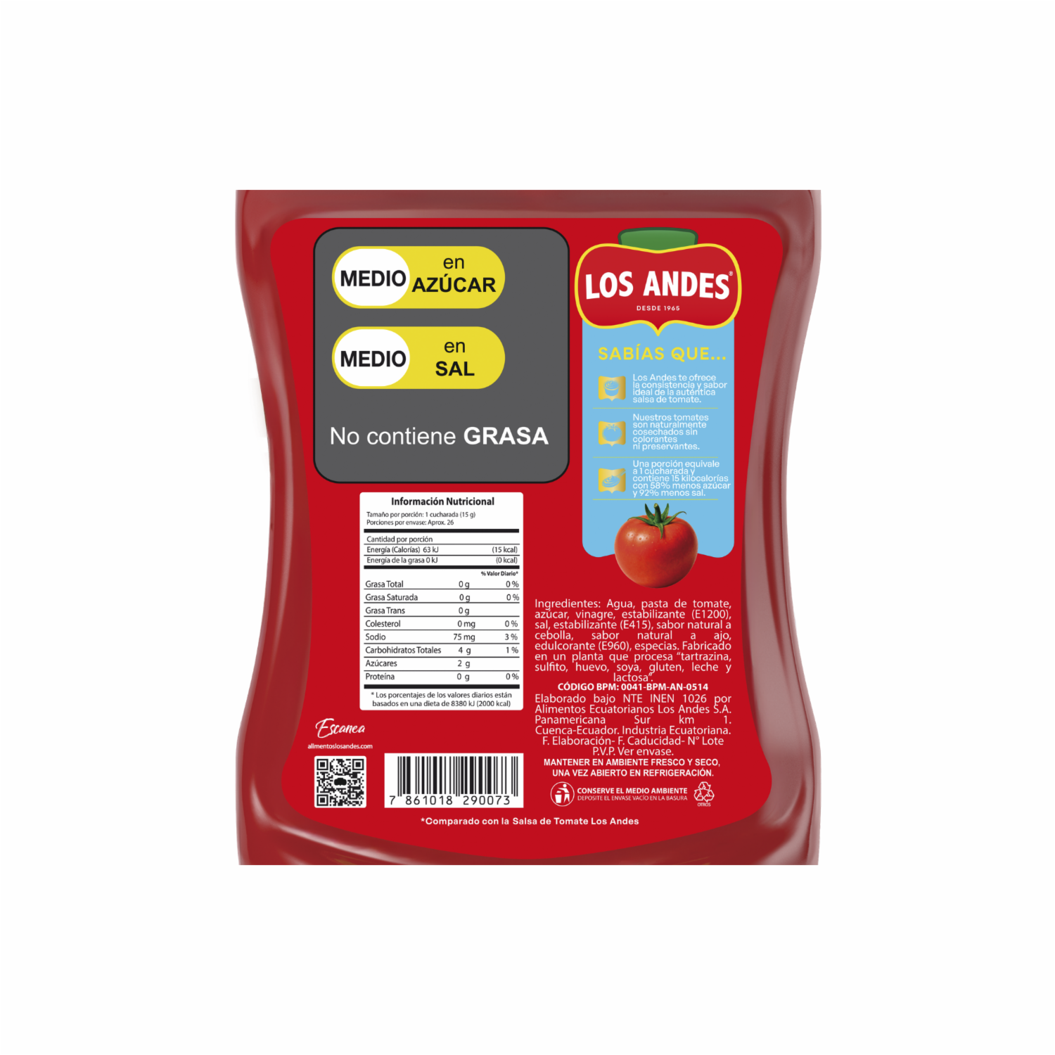 Salsa De Tomate Reducida En Azúcar LOS ANDES Squeeze 385 G