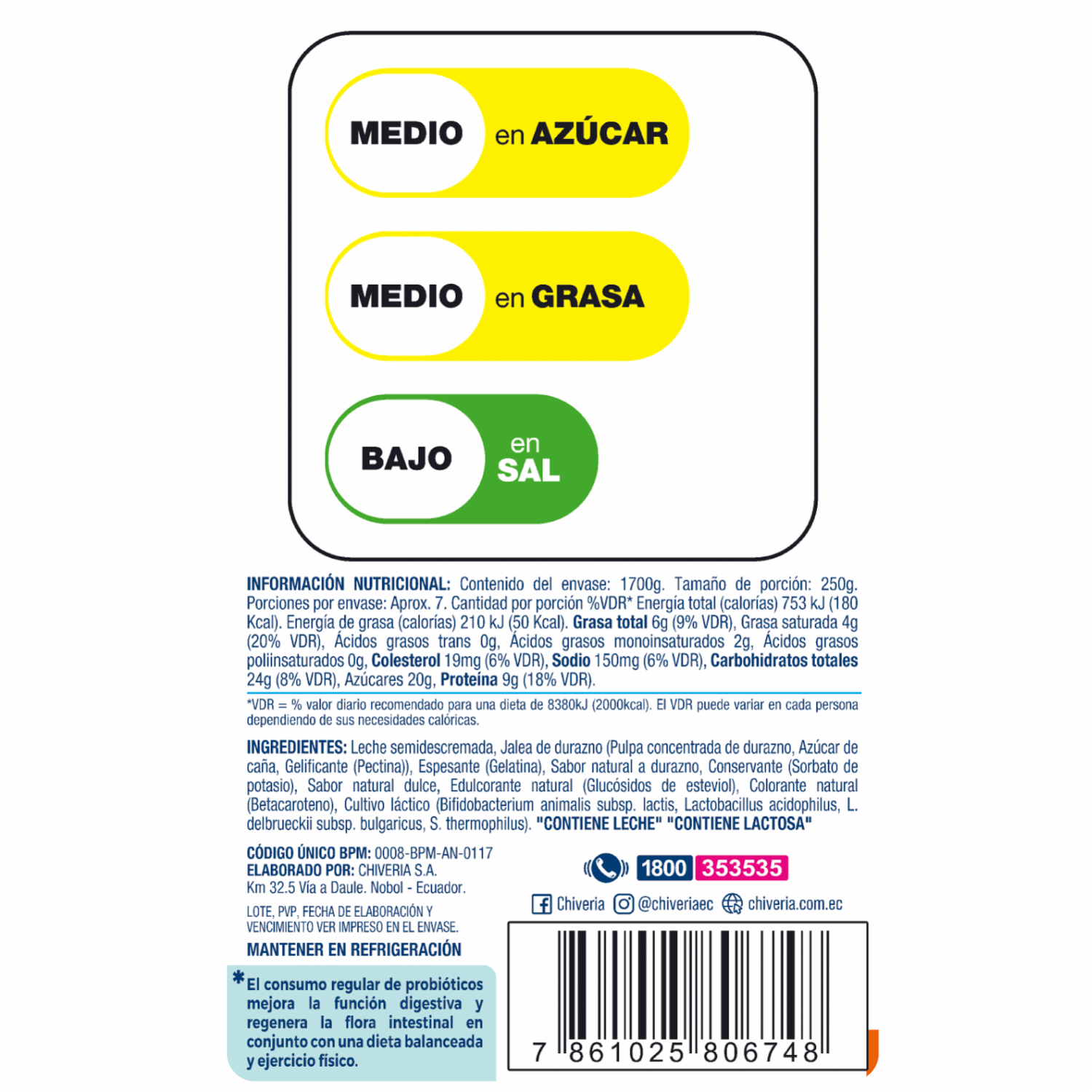 Yogurt Semidescremado Con Pulpa De Durazno CHIVERIA 1700 G