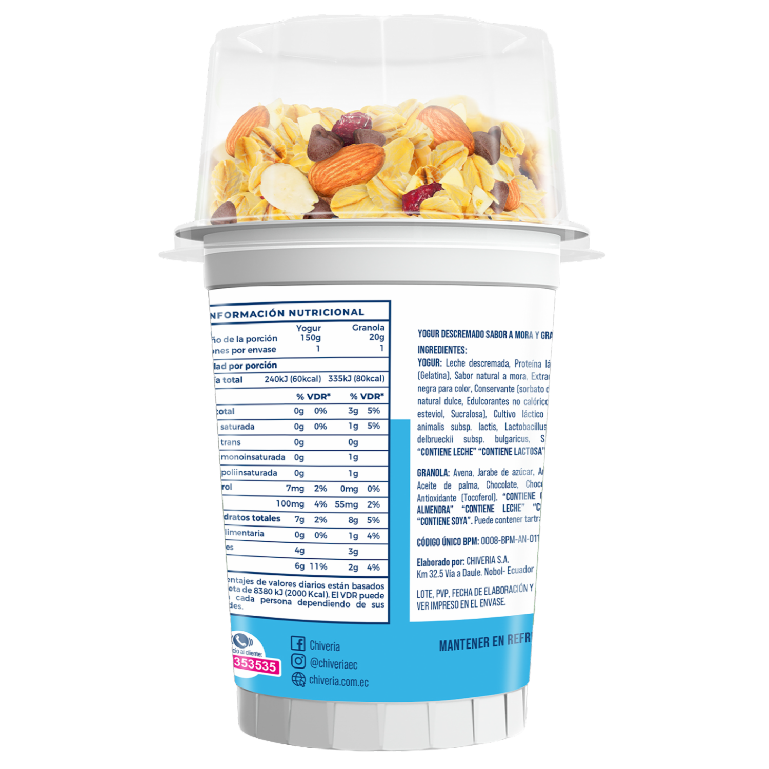 Yogur Cuchareable Descremado Mora y Granola Sin Azúcar 0% Grasa CHIVERIA 170 G