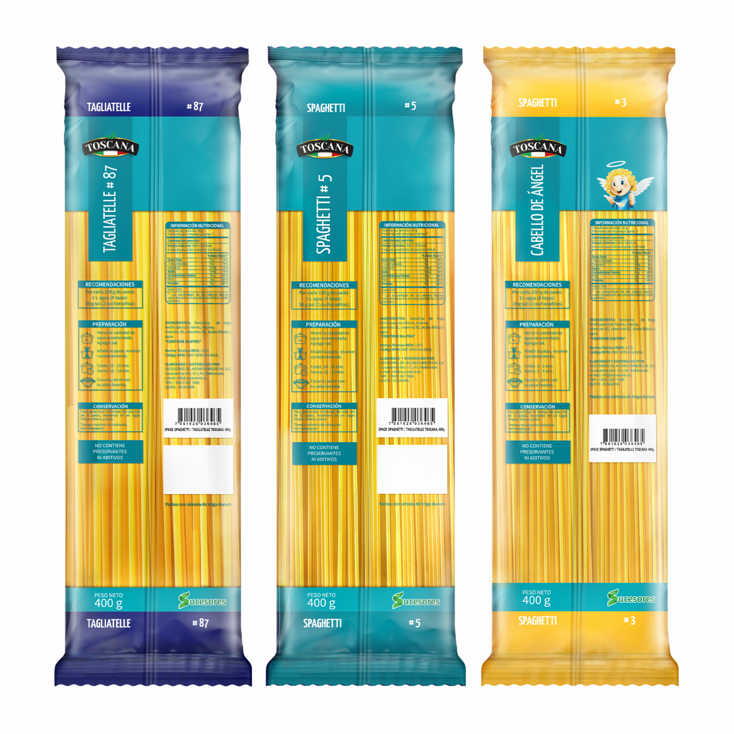 Fideo 3Pack Spaghetti N°5+Tagliatelle N°87 +Cabello De Ángel N°3 TOSCANA 3X400 G