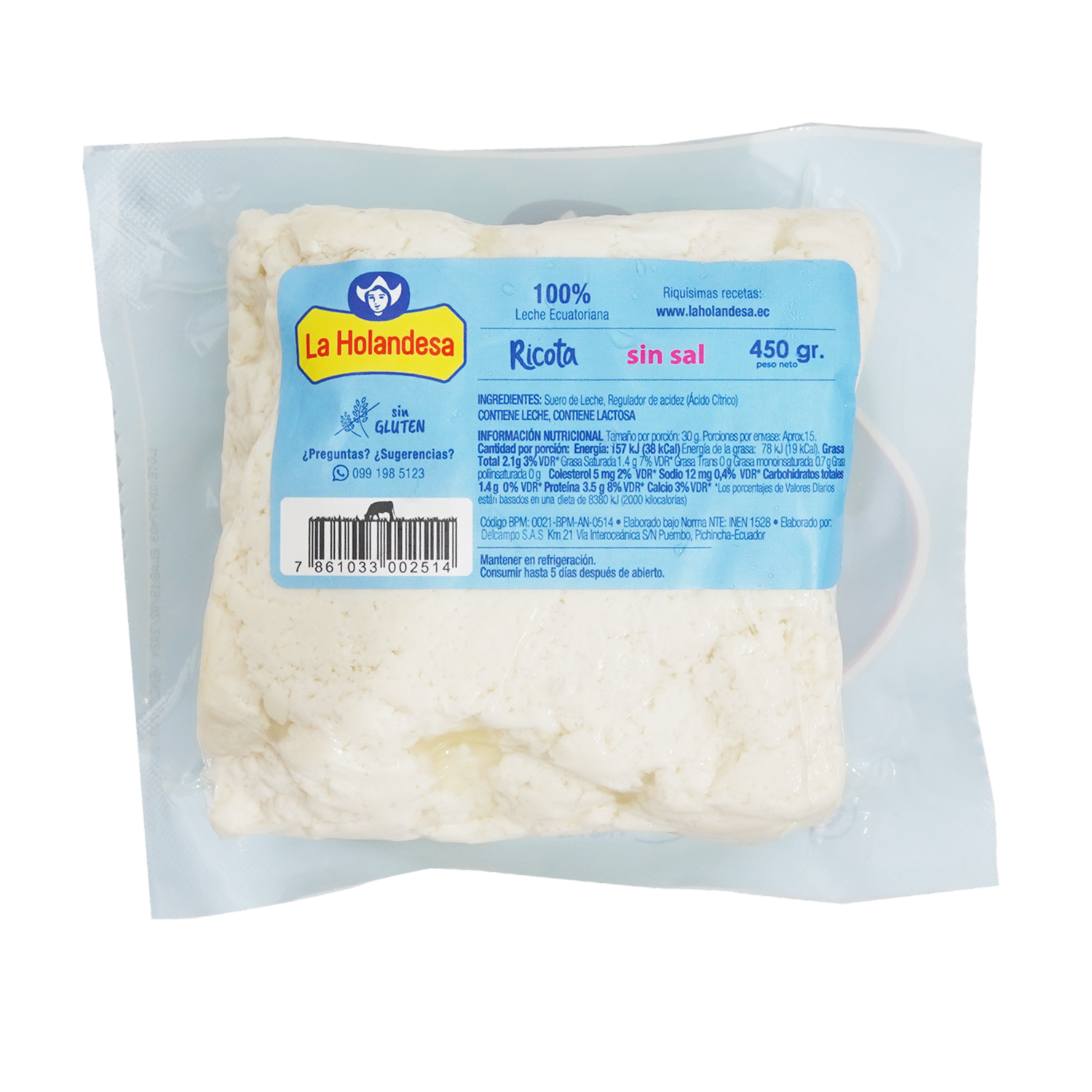 Queso Ricota Sin Sal LA HOLANDESA 450 G
