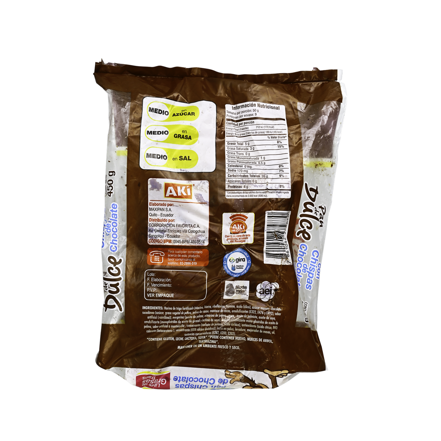 Pan Con Chispas De Chocolate AKÍ 450 G