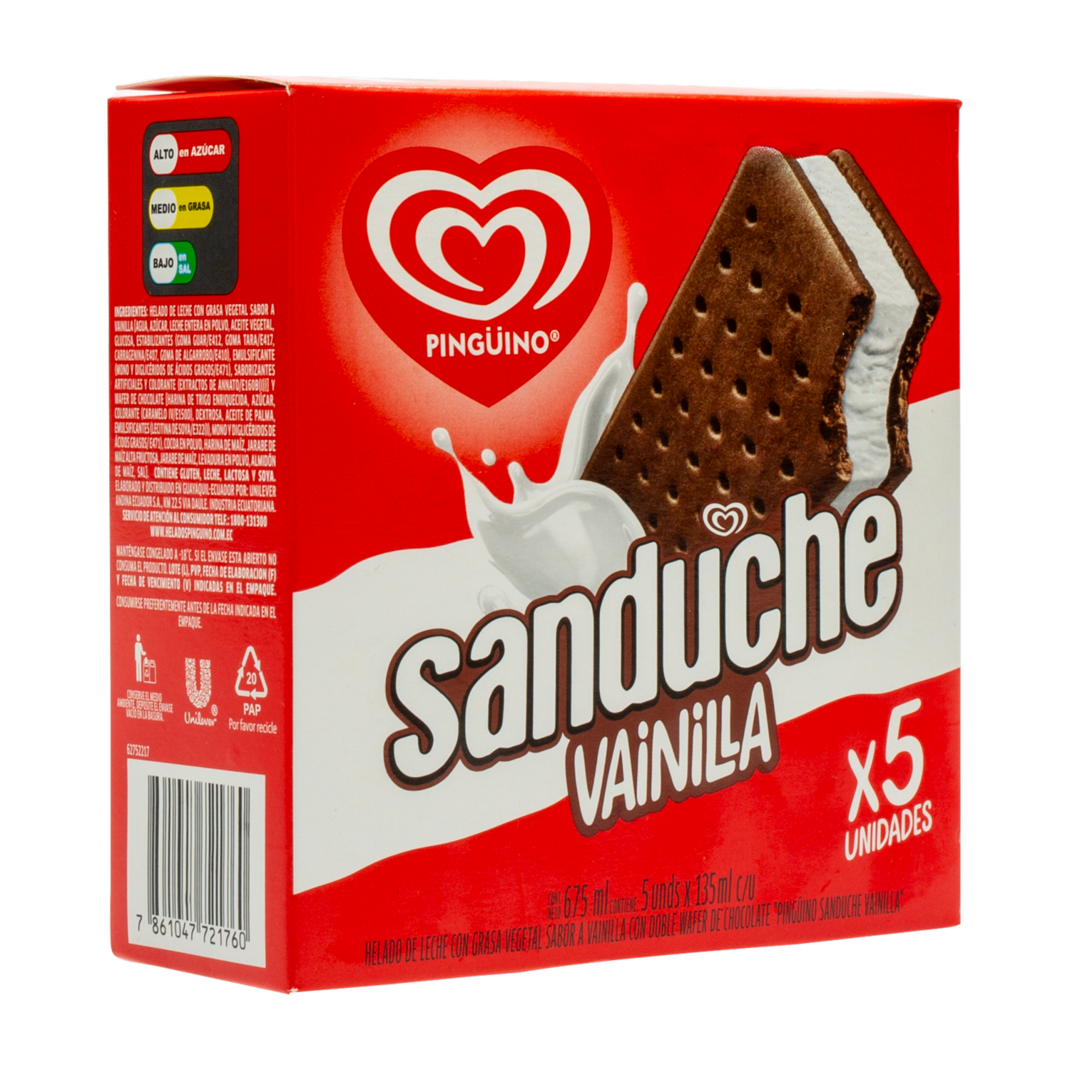 Helado Sánduche Vainilla PINGÜINO 5 Uds X 135 Ml