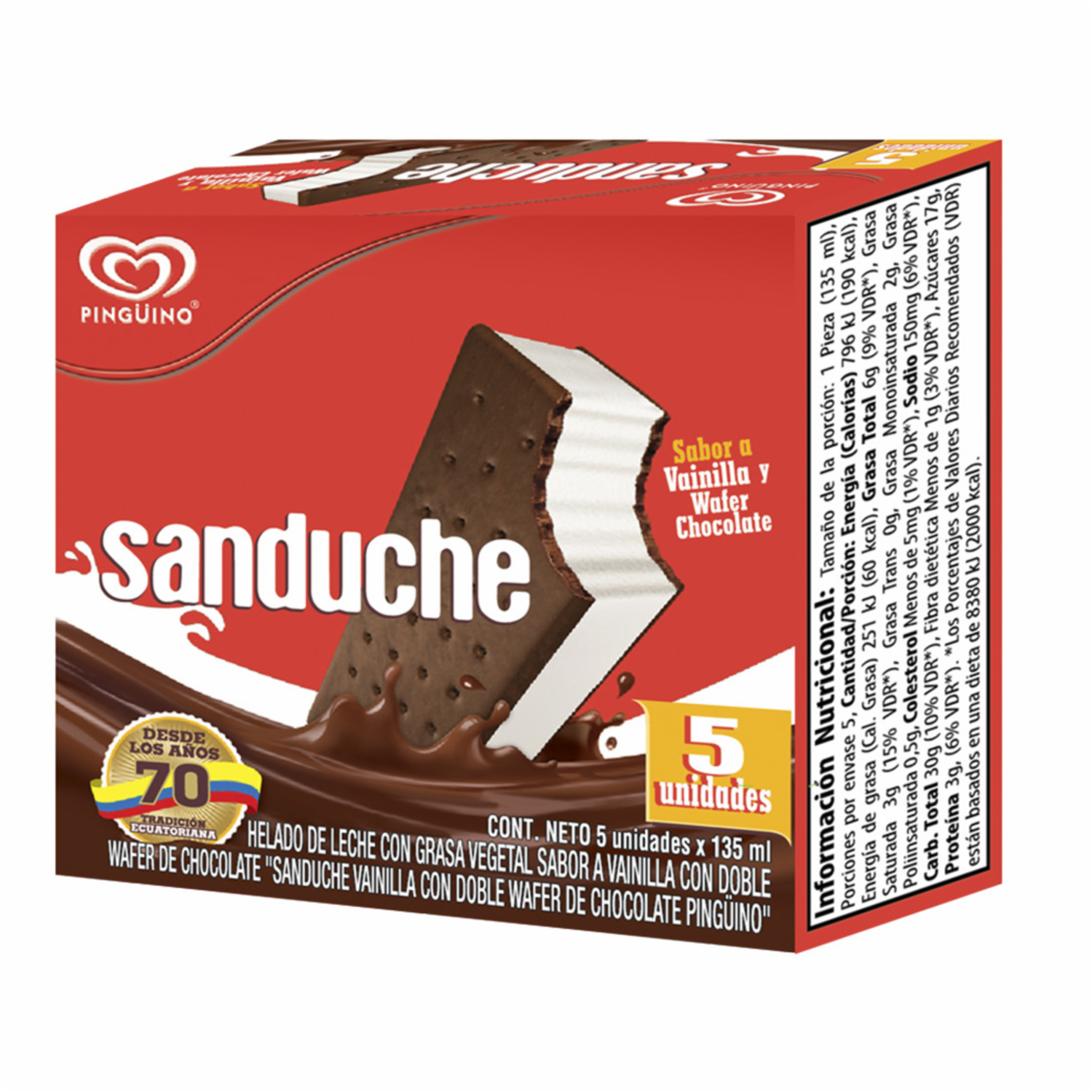 Helado Sánduche Vainilla PINGÜINO 5 Uds X 135 Ml